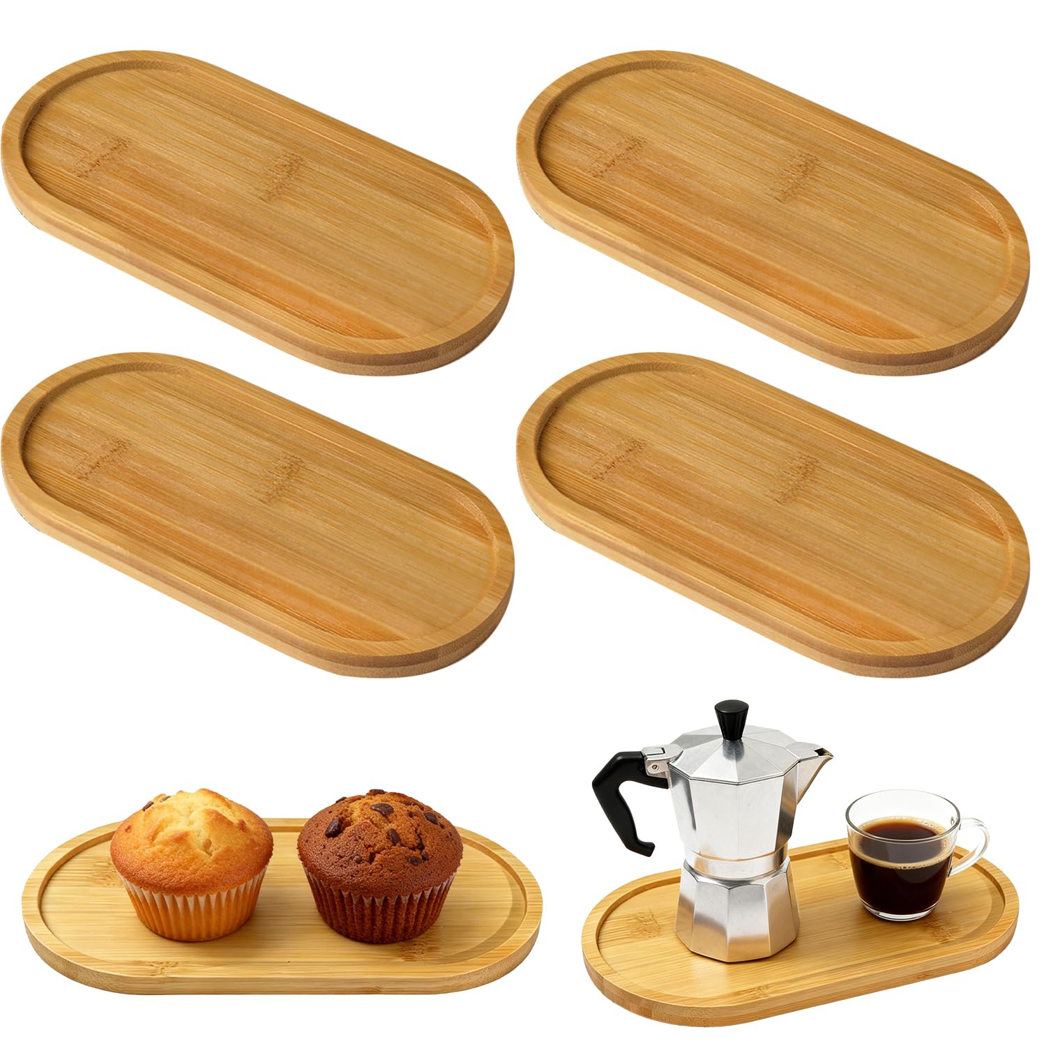 4 PCS Oval Small Wooden Tray