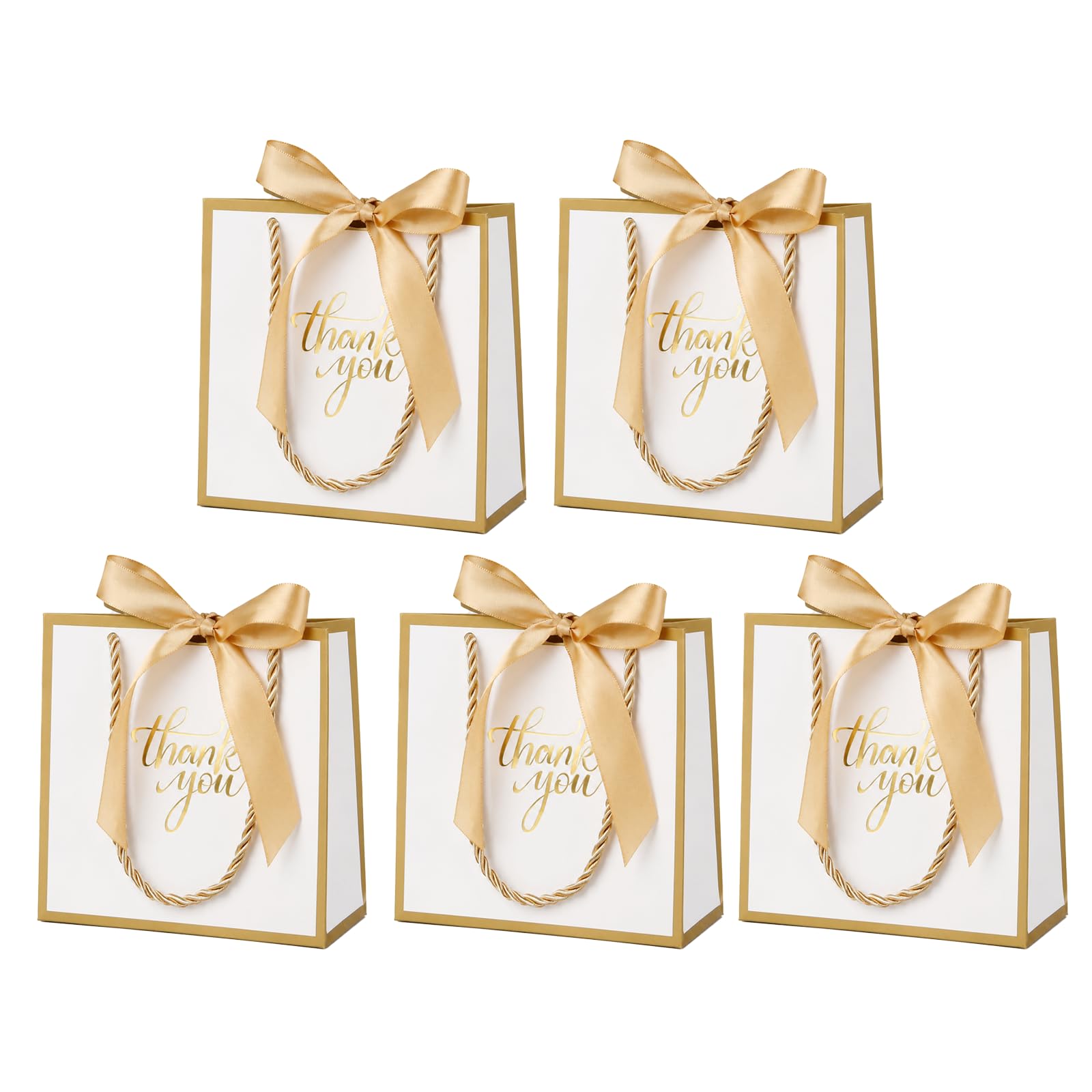 Small Gift Bags for Presents, White and Gold, 5 Pack