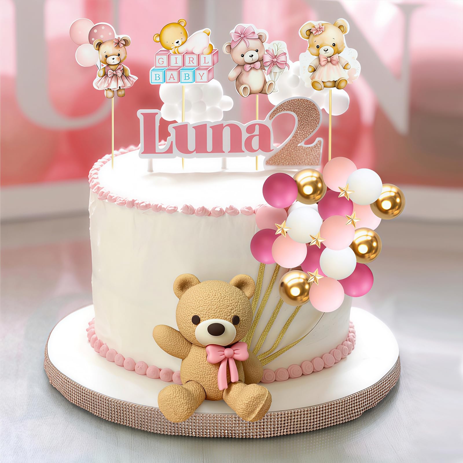 Bear Cake Decoration, 38 pcs Beige Brown Balls Cake Decoration, Luxury Baby Shower, Topper Boho Cake - Image 4