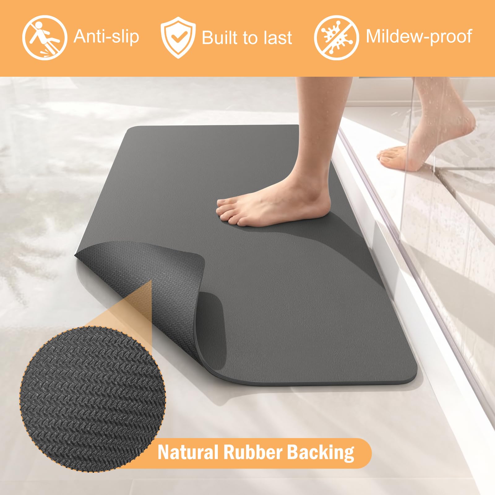 LIMNUO Alfombra de Baño, Tapete para Baño, Alfombras Absorbentes de Secado Rápido, Alfombras Antideslizantes y Antimoho para Tina, Inodoro y Ducha (Dark Grey, 60X120cm)