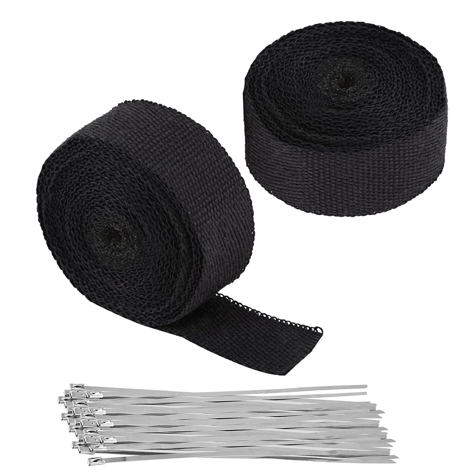 2 Benda Termica per Scarico Marmitta, con 10 Fascette in acciaio inox, Nastro Termico Isolante in Fibra di Vetro, per Tubi di Scarico Vano Motore, Auto e Moto, 5 m x 50 mm, nero