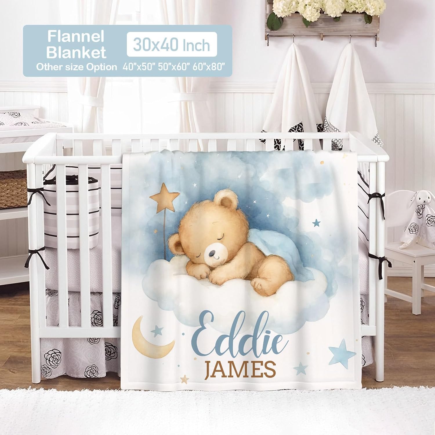 Personalized Baby Crib Bedding Set for Boys, Custom Name 3 Piece Sleeping Bear Nursery Bedding with Flannel Blanket, Fitted Crib Sheet & Pillowcase, Newborn Baby Gift
