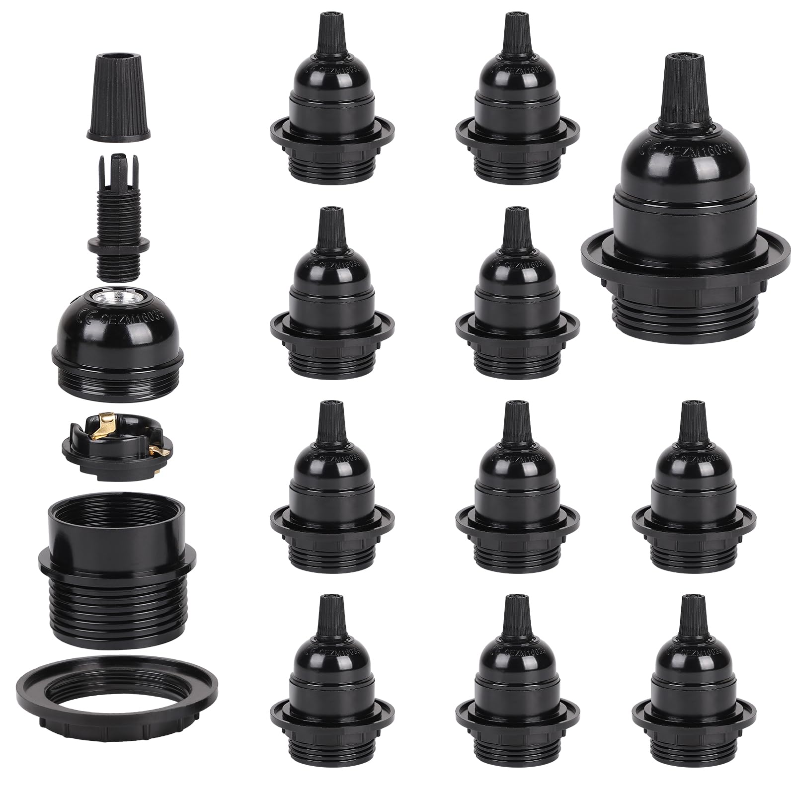 efuturetime 12 unidades de Casquillo Bombilla E27 (250 V, 4 A) Portalamparas en Baquelita, Portalámparas con Sujeción de Cable
