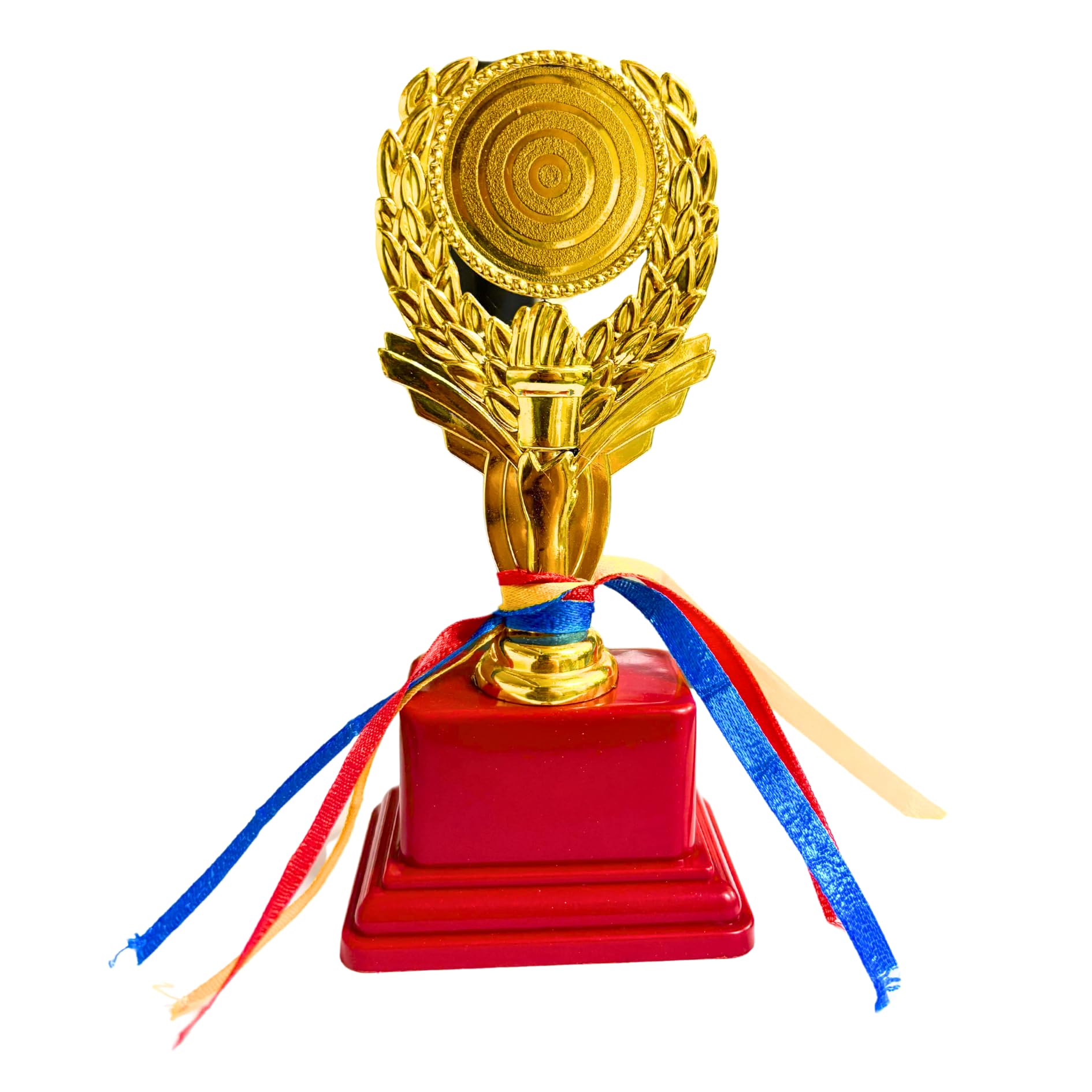 Sports Trophy with Gold Laurel Design, Round Medal Top, Red Base with Ribbons (Set of 3, 5.5 inches)-image-7