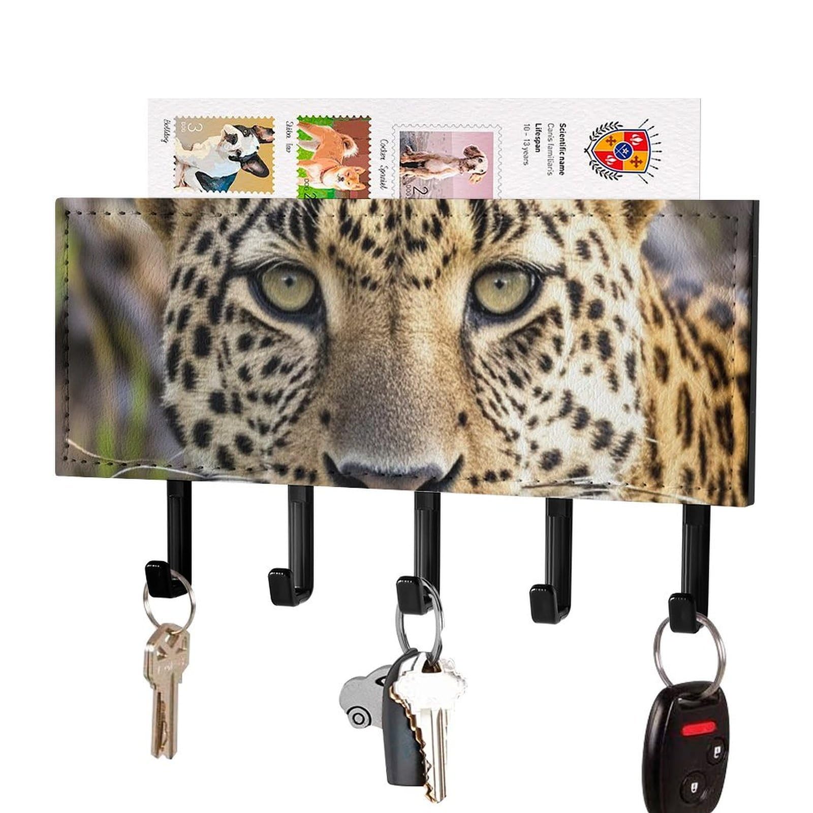 FekiLoot African Animal Leopard Key Holder Wall Mount Key Hanger with 5 Hooks Decorative Key Rack Hanging Key Hooks with Mail Organizer Key Holder for Wall Living Room Kitchen Bathroom Hallway Black