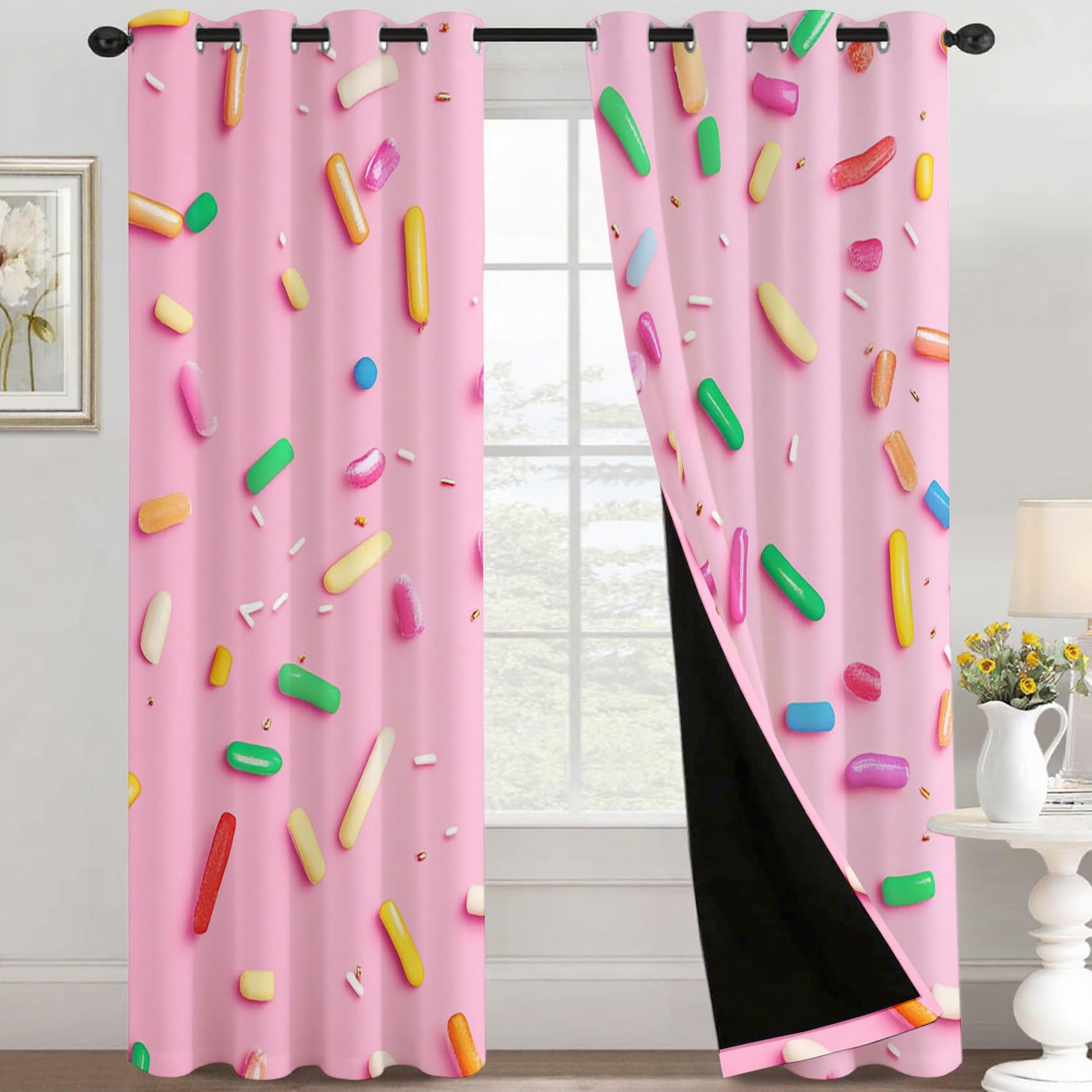 Zuckerstreusel Vorhänge, Kinder Rosa Dessert Verdunklungsvorhänge mit Ösen, Vorhang Blickdicht für Wohnzimmer Schlafzimmer Dekoration, Gardinen mit Muster, 2er Set, H 260 x B 140 cm #S492