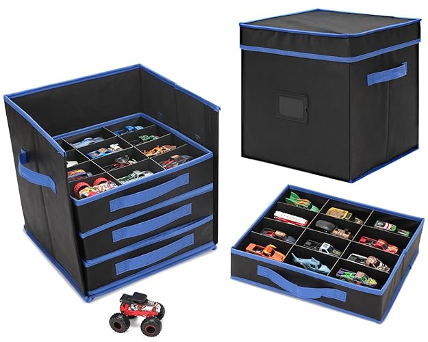 KISLANE Monster Truck Storage Organizer, 4-Layer Trucks Storage Box with 48 Compartments,Fits 1:64 Monster Trucks, Toy Cars & More - Foldable Toy Organizer with Drawers (Black)