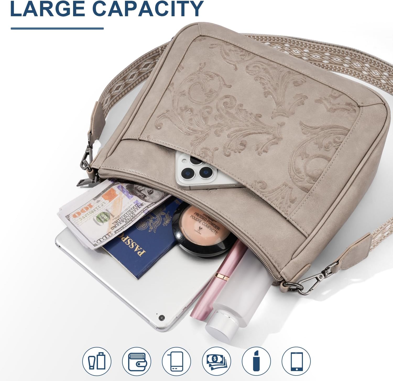 Crossbody Bags for Women,Vegan Leather Crossbody Purse with Adjustable Strap Embossed Flower Women's Shoulder Handbags | Medium, Trendy, Multi Pocket, Hobo Purse, Wide Guitar Strap, Lightweight - Image 4