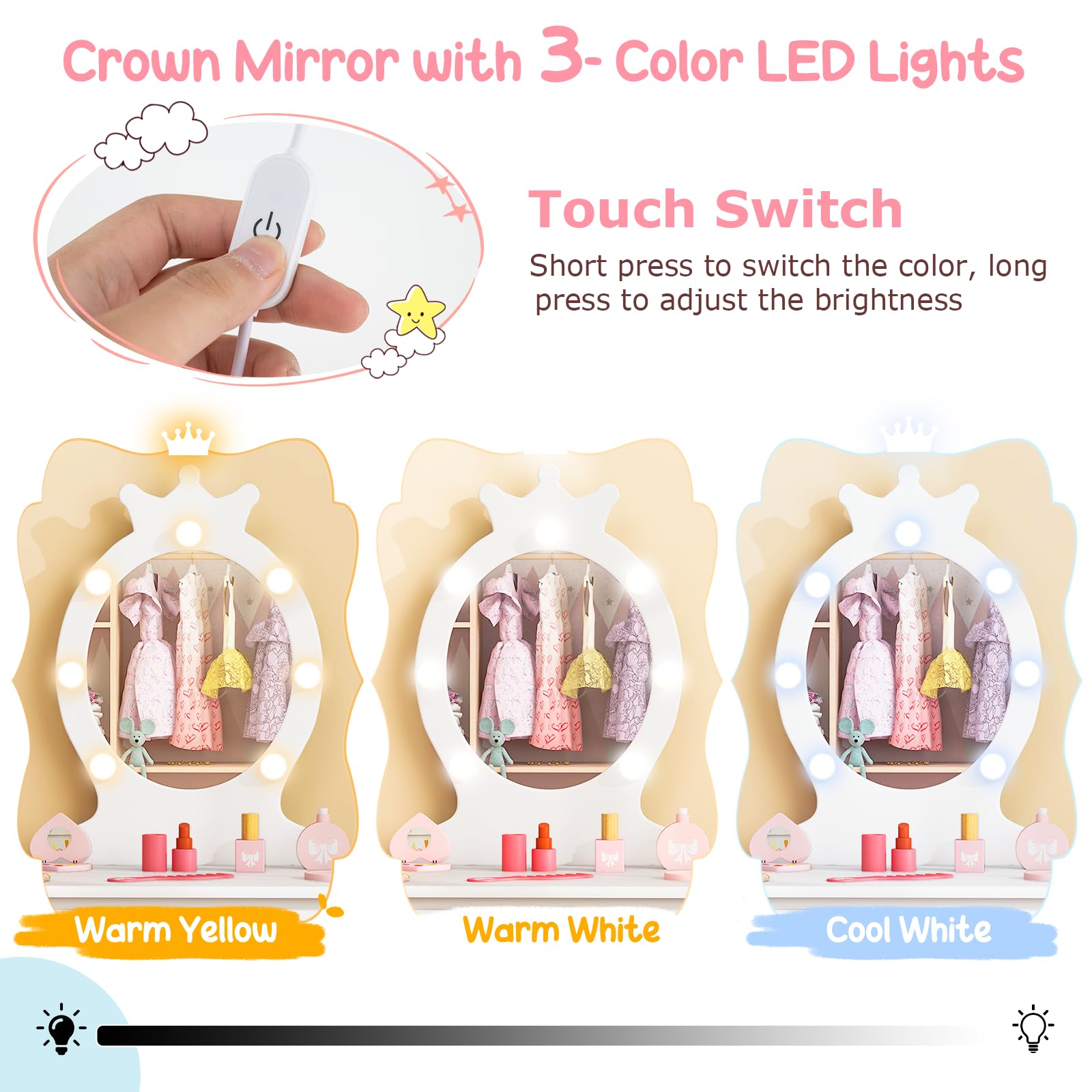 LIFEZEAL Specchiera Trucco Bambina, con 7 LED, 3 Colori di Luci, Postazione Trucco Bambina, con Sgabello Imbottito, Cassetto e Specchio di Corona, Toeletta Trucco per Bimbi 3-7 Anni (bianco)