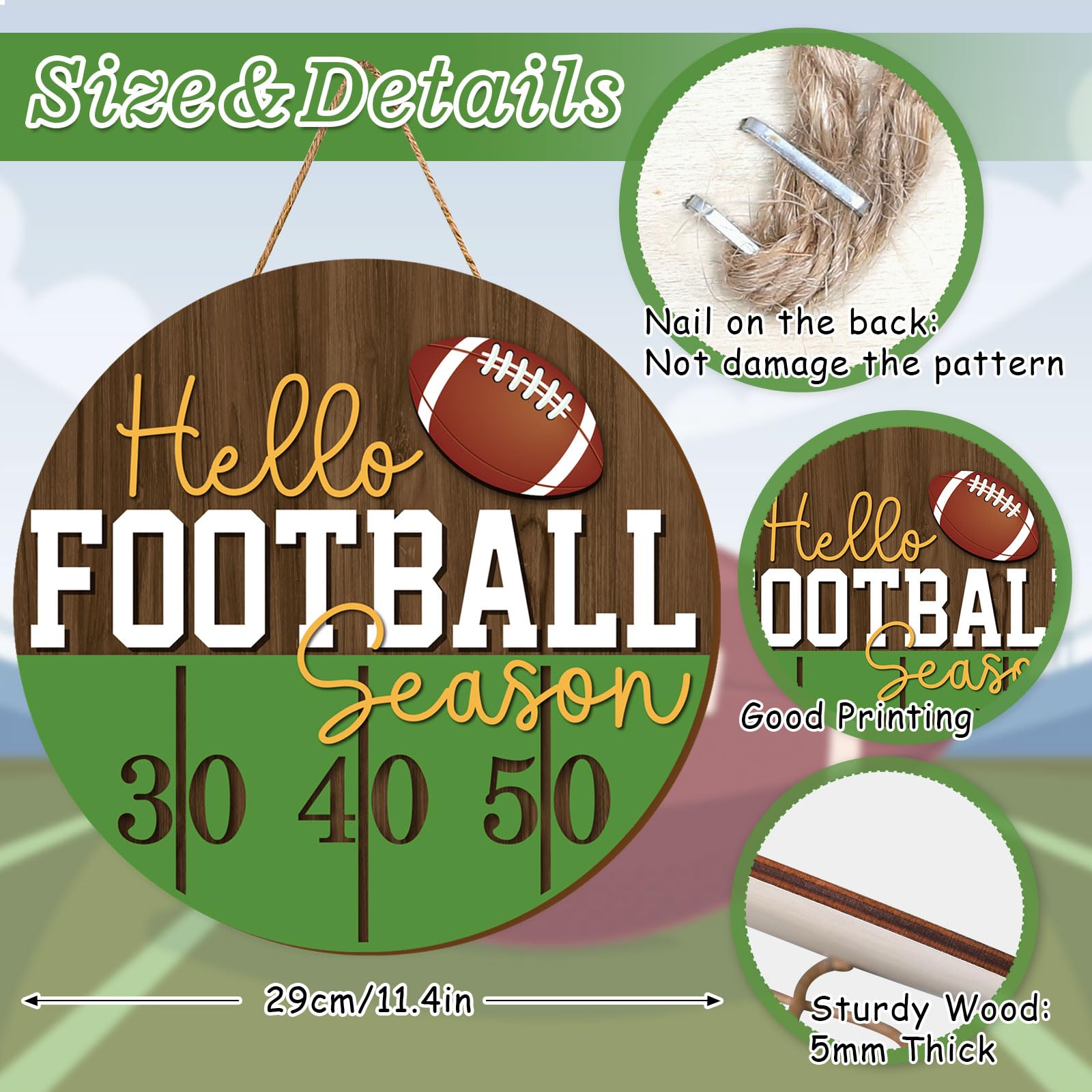 Whaline Football Wooden Hanging Sign Hello Football Season Wall Plaque Football Game Sports Welcome Wreath Sign Door Hanger for Farmhouse Home Wall Window Porch Tabletop Party Decor Supplies