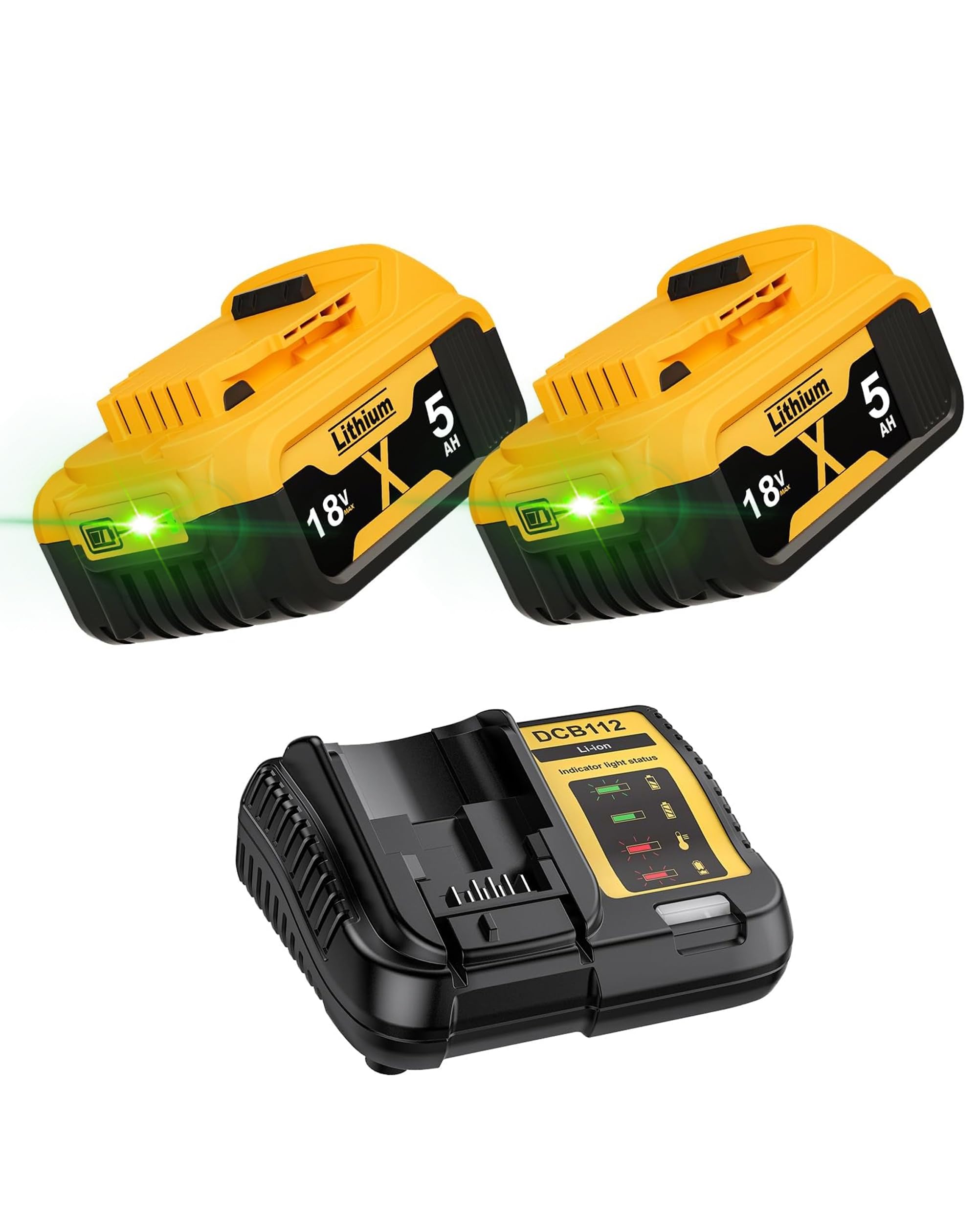 Lot de 2 batteries de rechange 5000 mAh pour batterie Dewalt 18 V + 4 A DCB115, remplacement pour chargeur Dewalt XR DCB182 DCB184 DCB200 DCB184 DCB101 DCB107 DCB112 DCB105 DCB203 DCB115 avec
