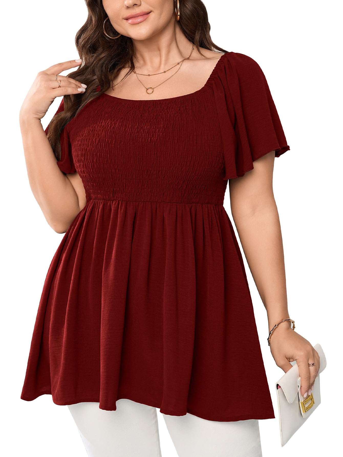 SHESTARR Haut habillé grande taille pour femme, col carré, manches courtes, smocké, péplum