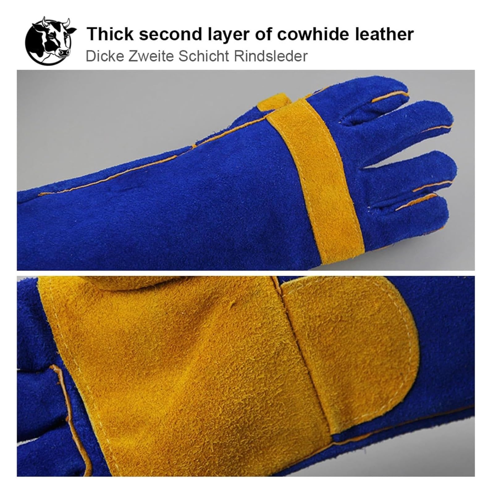 Gants de jardinage, gants de soudage en cuir, lot de 2 paires, gants de travail de soudeur TIG MIG en daim de vache 40 cm avec doublure, gants longs chauffants