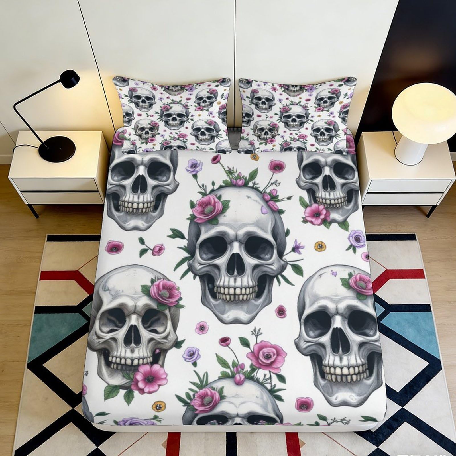 3D Printed Skull Floral Fitted Sheet Microfiber Deep Pocket Non-Slip Skull Floral Mattress Fitted Cover for Bedroom 200x200x25cm