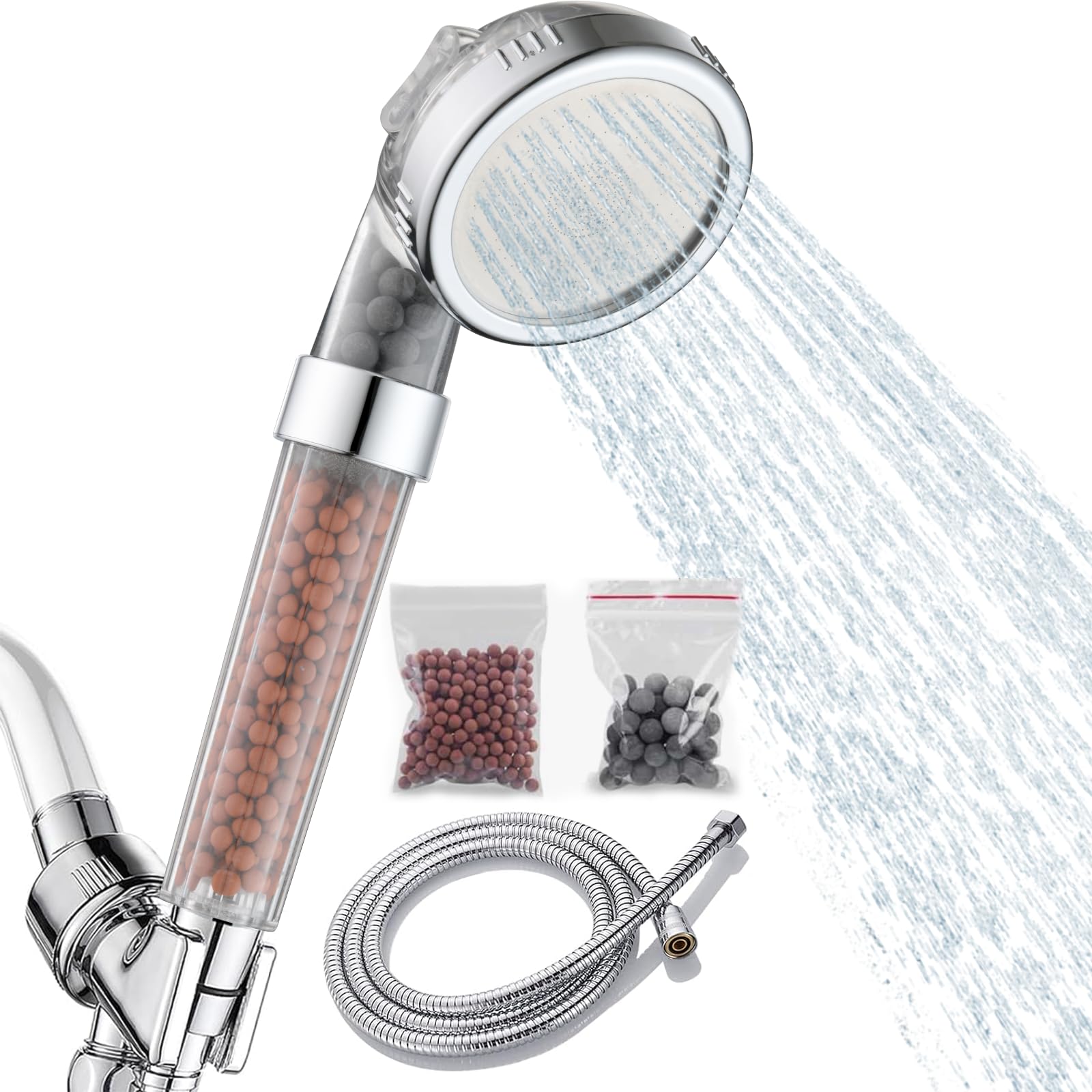 DAYONE Filtered Hand Held Shower Head with 3 Spray Modes Polished Chrome, High Preesure Water Saving Shower Head Set with Filters, Water Saving, Purifies Water, With 1.5M Shower Hose & Filter Stones