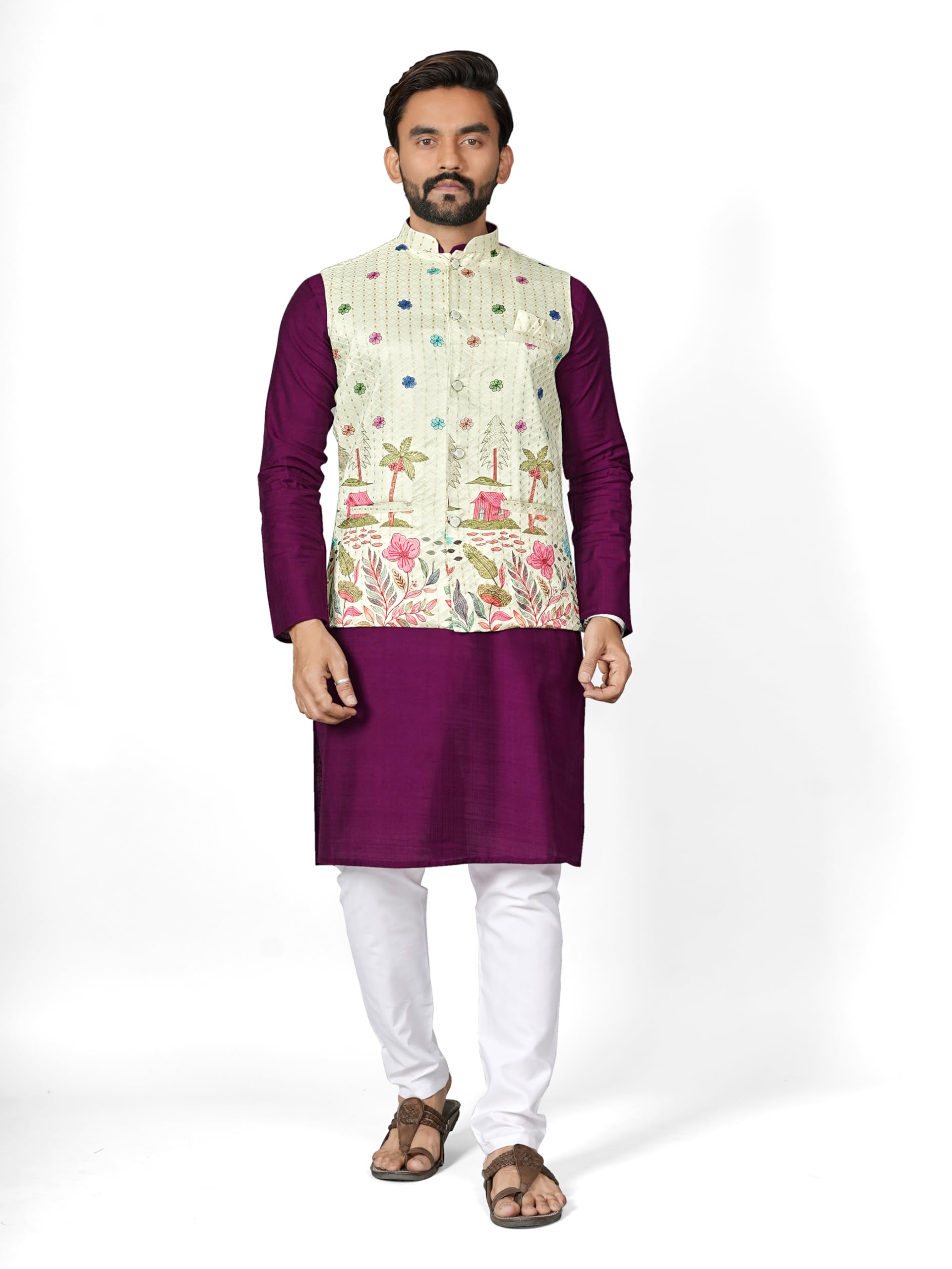 Men’s Cotton Blend Kurta Pyjama Set with Stylish Printed Nehru Jacket |Ethnic Wear for Wedding| Festive and Party Occasion-picture-19