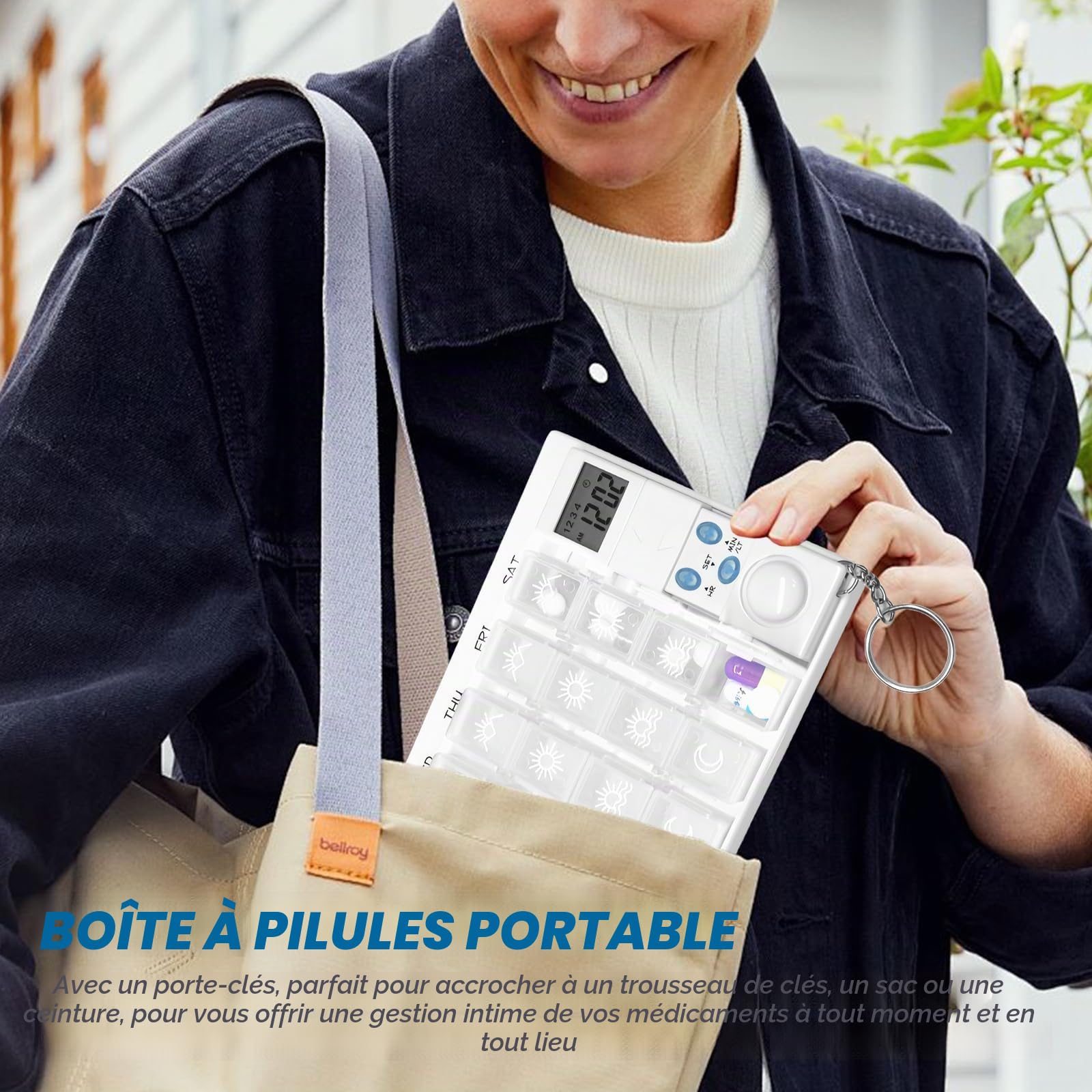 Sporgo Pilulier 7 jours avec alarme : pilulier 4 compartiments, boîte à médicaments 7 jours avec minuterie et rappel de réveil, distributeur de comprimés portable organisateur de médicaments