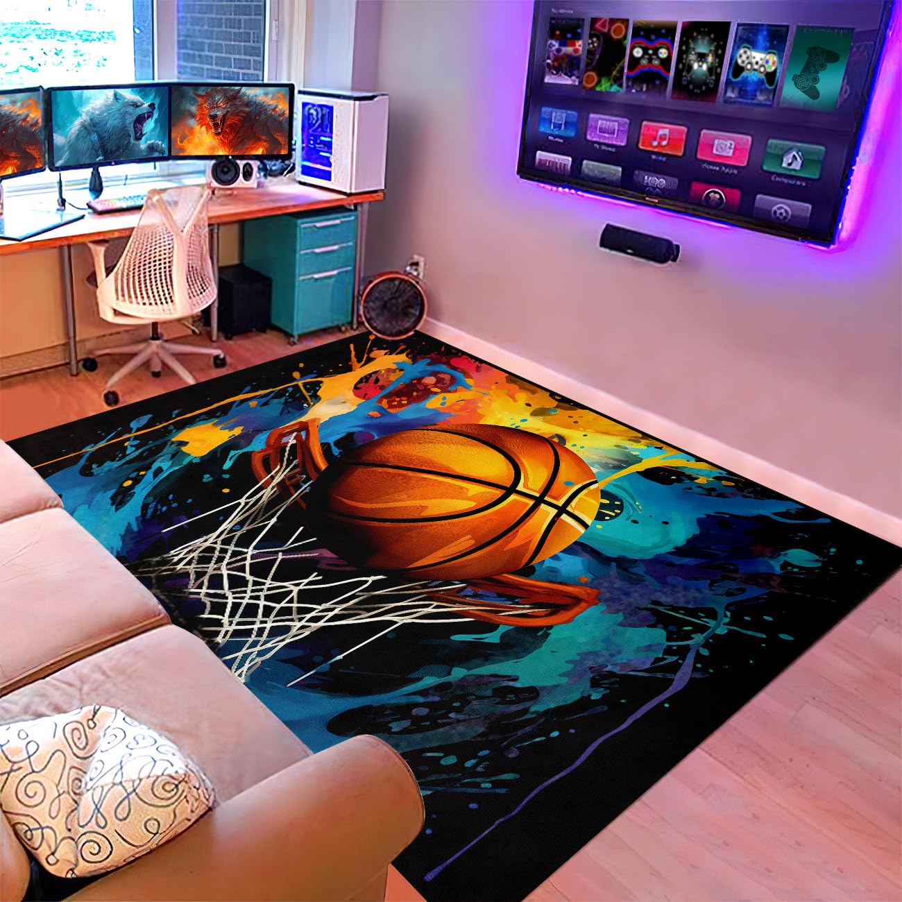 Basketball Rug for Boys Bedroom - Colorful Sports Rug Carpets for Teens Boys Living Room Bedroom Playroom Basketball Room Decor Mats, 4'×5'
