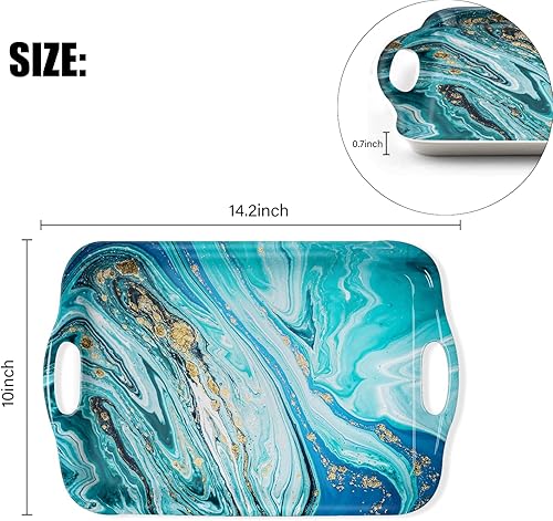 Miniatura 10 de Bandeja decorativa para servir con asas, bandejas rectangulares multiusos para restaurante, fiestas, mesa de café, cocina, patrón de mármol negro y