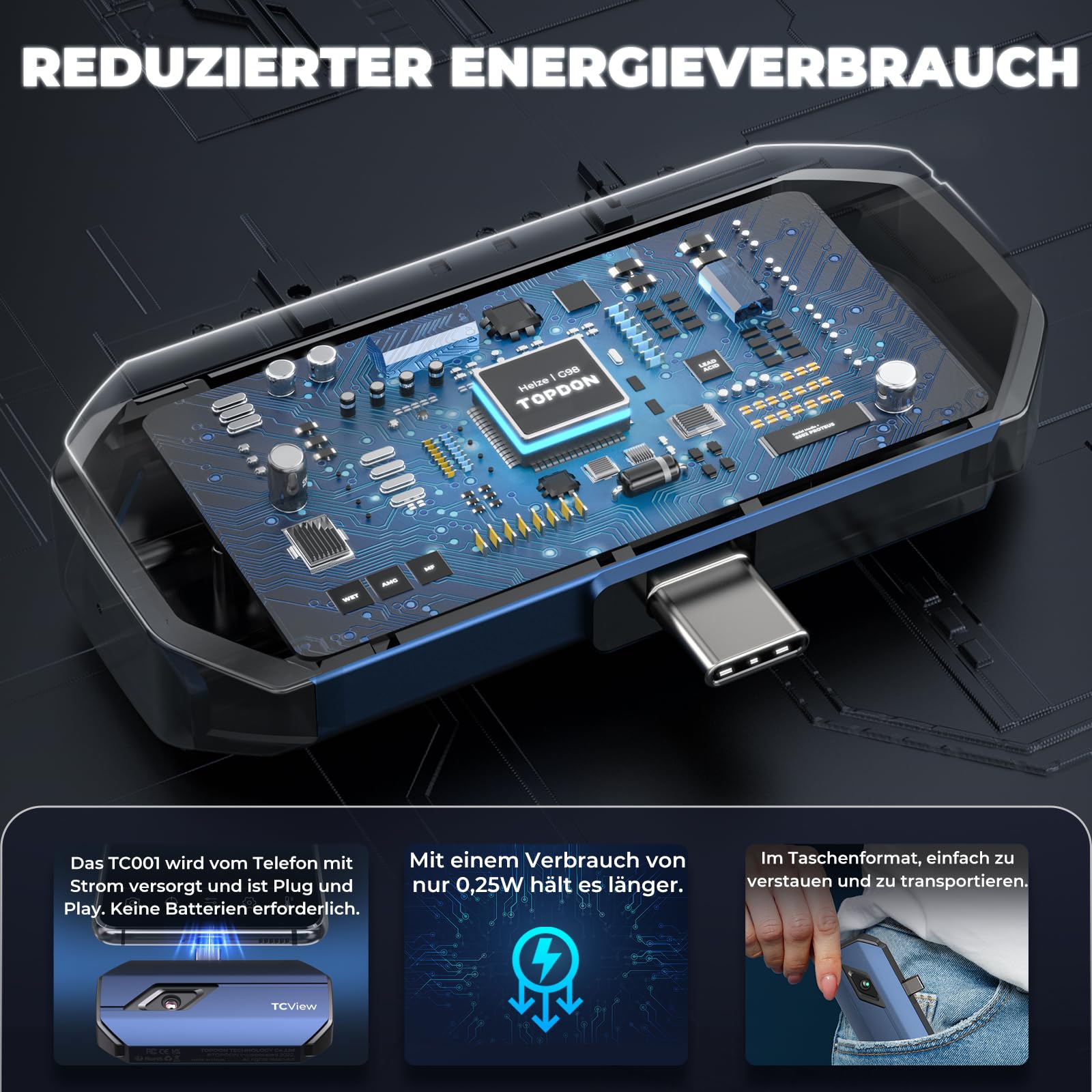 TOPDON Wärmebildkamera -TC001, 512x384 TISR Auflösung, ＜40mK Wärmeempfindlichkeit, 25Hz, Testbereich -20 ℃ bis 550 ℃, 0,1 ℃ Testpräzision, entwickelt für Android phones/Tablets und Windows Laptops