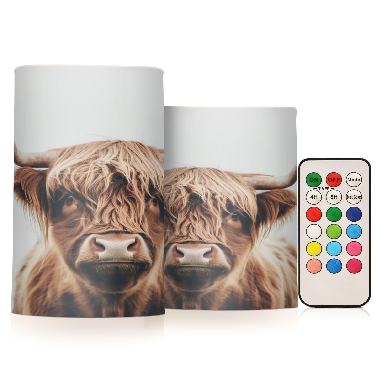 Mnsruu Flickering Flameless Candles Brown Highland Cattle Cow LED Candles with Remote Timer Set of 2 Battery Operated Candle Home Decoration