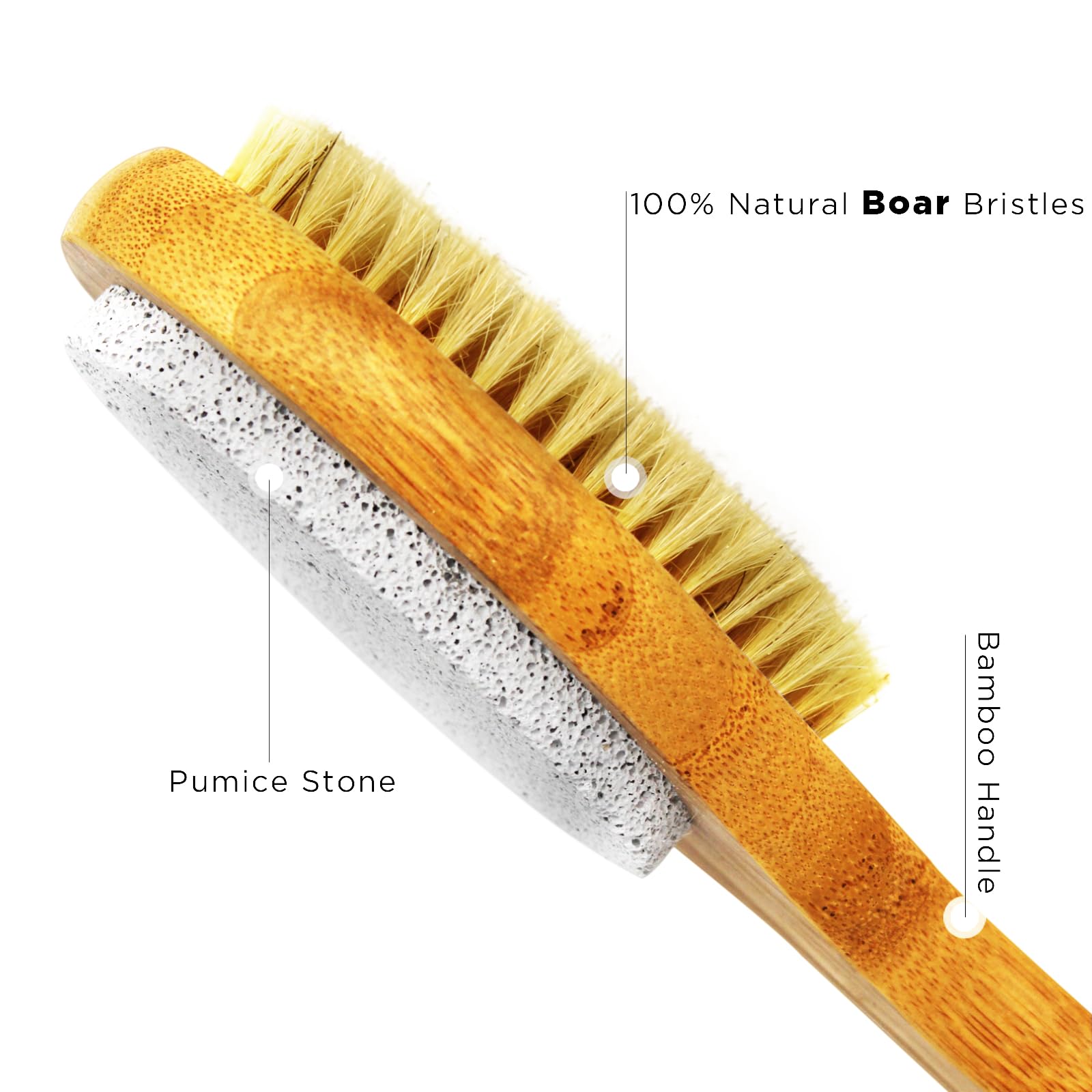 ICANdOIT - Cepillo de baño y ducha 2 en 1 de mango largo, cerdas de jabalí con piedra pómez que exfolia y suaviza la piel, cepillo corporal para celulitis y drenaje linfático