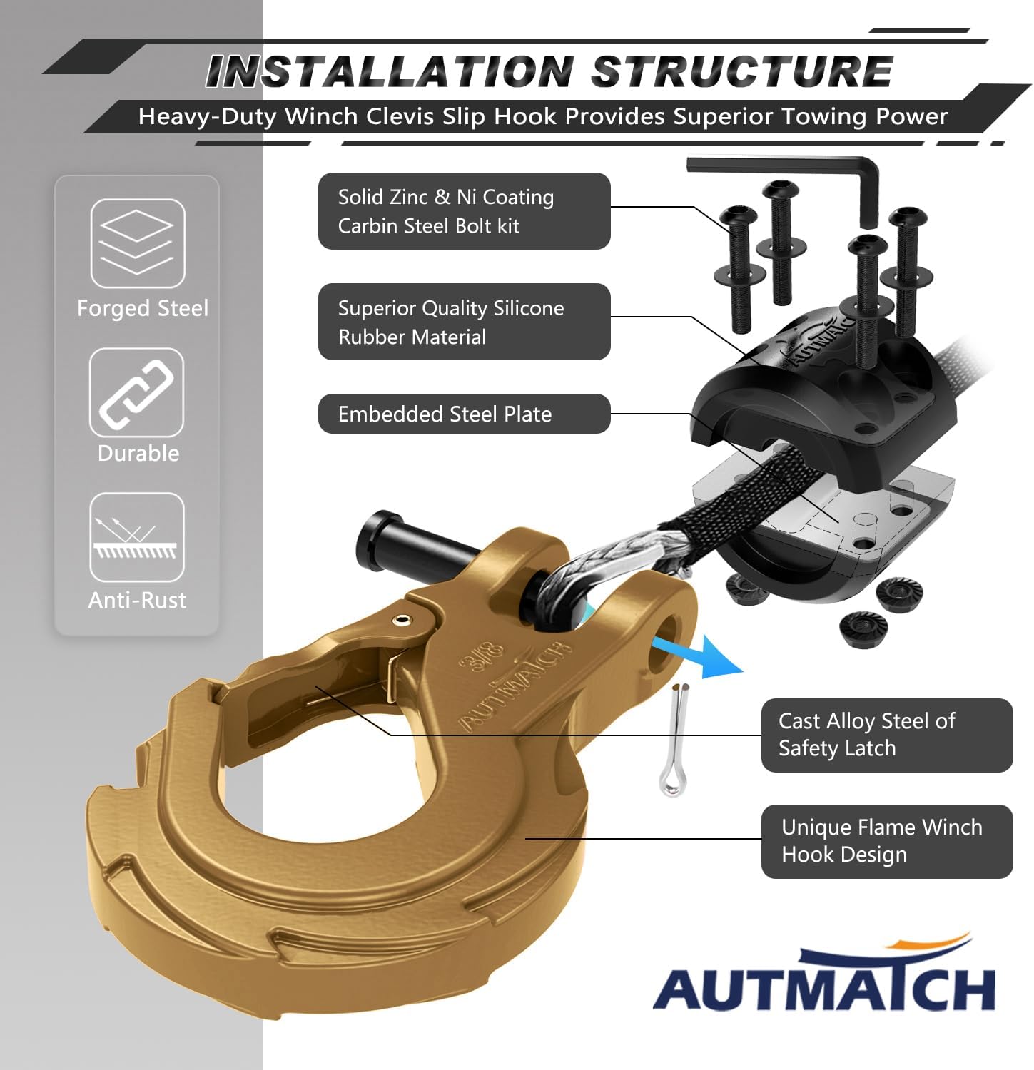AUTMATCH 3/8" Winch Hook and Winch Snatch Block Pulley 18 Ton, Max 79,366Lbs Break Strength, Heavy Duty Off Road Recovery Towing Pulley Blocks Winch Rope, ATV, UTV, Truck, Gold