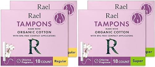 Rael Tampones aplicadores compactos hechos con algodón orgánico, paquete múltiple de tampones, regular y súper absorbente, sin BPA, sin cloro,