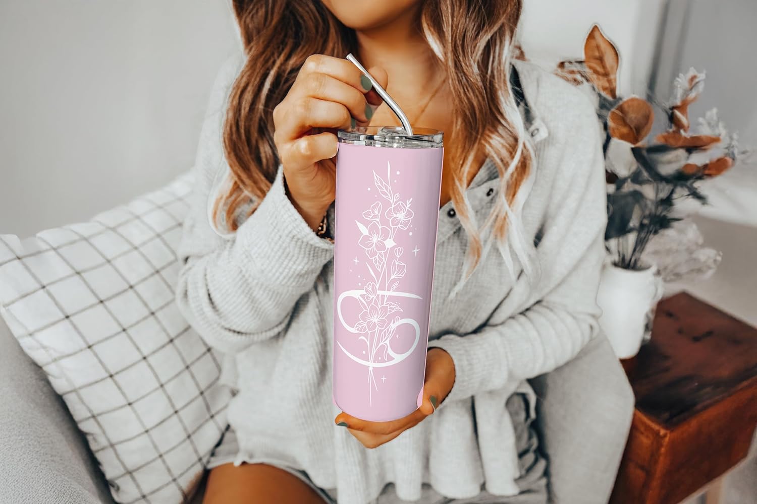 Personalized Birth Flower Tumbler 20 oz with Lid and Straw - Zodiac Sign Custom Name Skinny Tumbler - Astrology Birthday Gift for Women Her - Insulated Stainless Steel Tumbler - Image 5