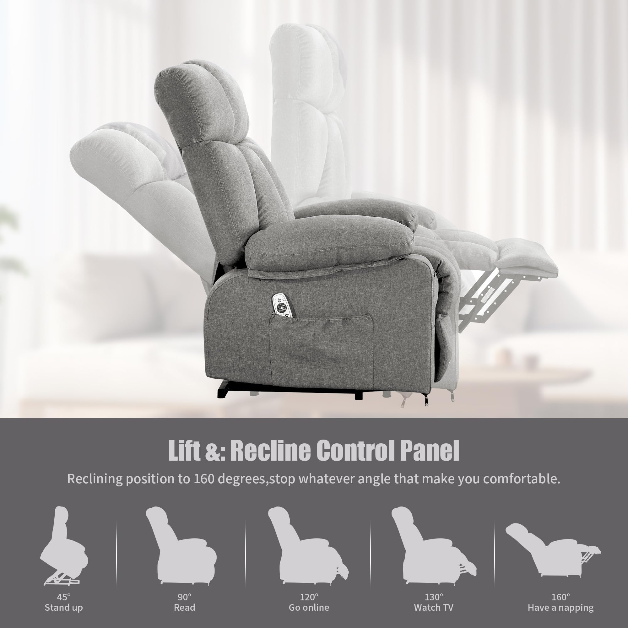 Reclining positions and lift function control panel for the jonpony recliner.
