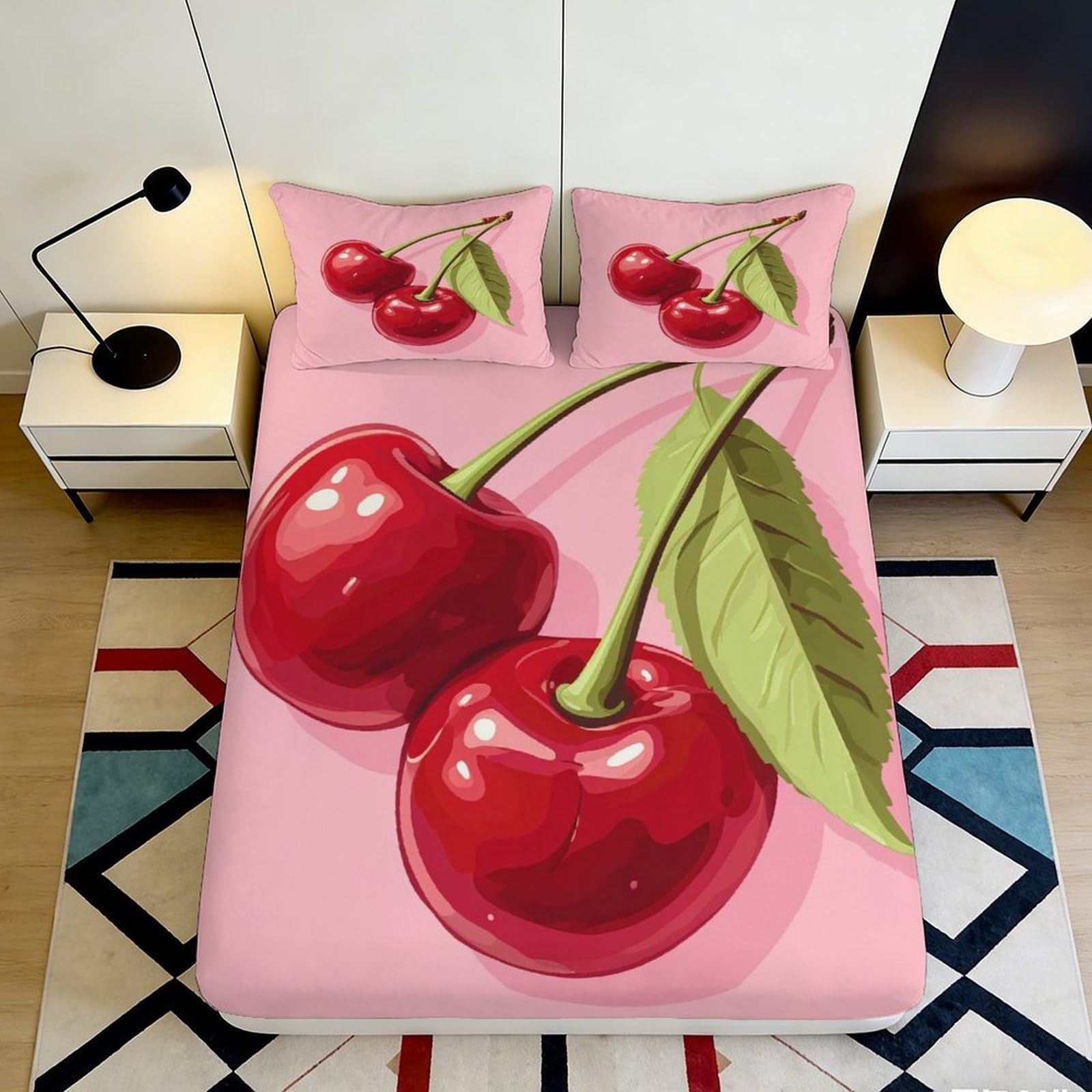 3D Printed Cherry Pattern Fitted Sheet Microfiber Soft Breathable Red Fruit Bed Cover for Bedroom Dormitory Guest Room Mattress Protection Decor 200x200x25cm