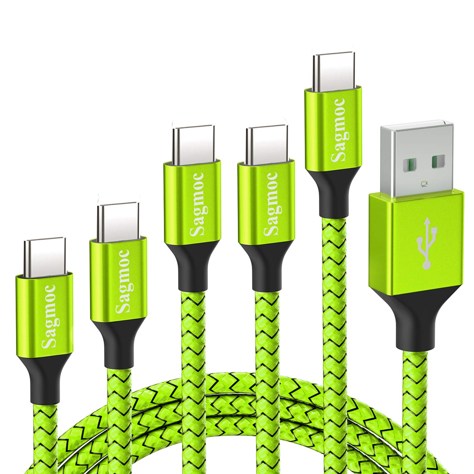 Sagmoc Type C Charger Cable Green - USB C Rapid Chaiging Cord Compatible for Samsung S10 S9 S8 Plus, Note 8, LG V30 G6 G5, Pixel, 【5 Pack】 10FT 2X6FT 3FT 2FT Shiny Nylon Braided
