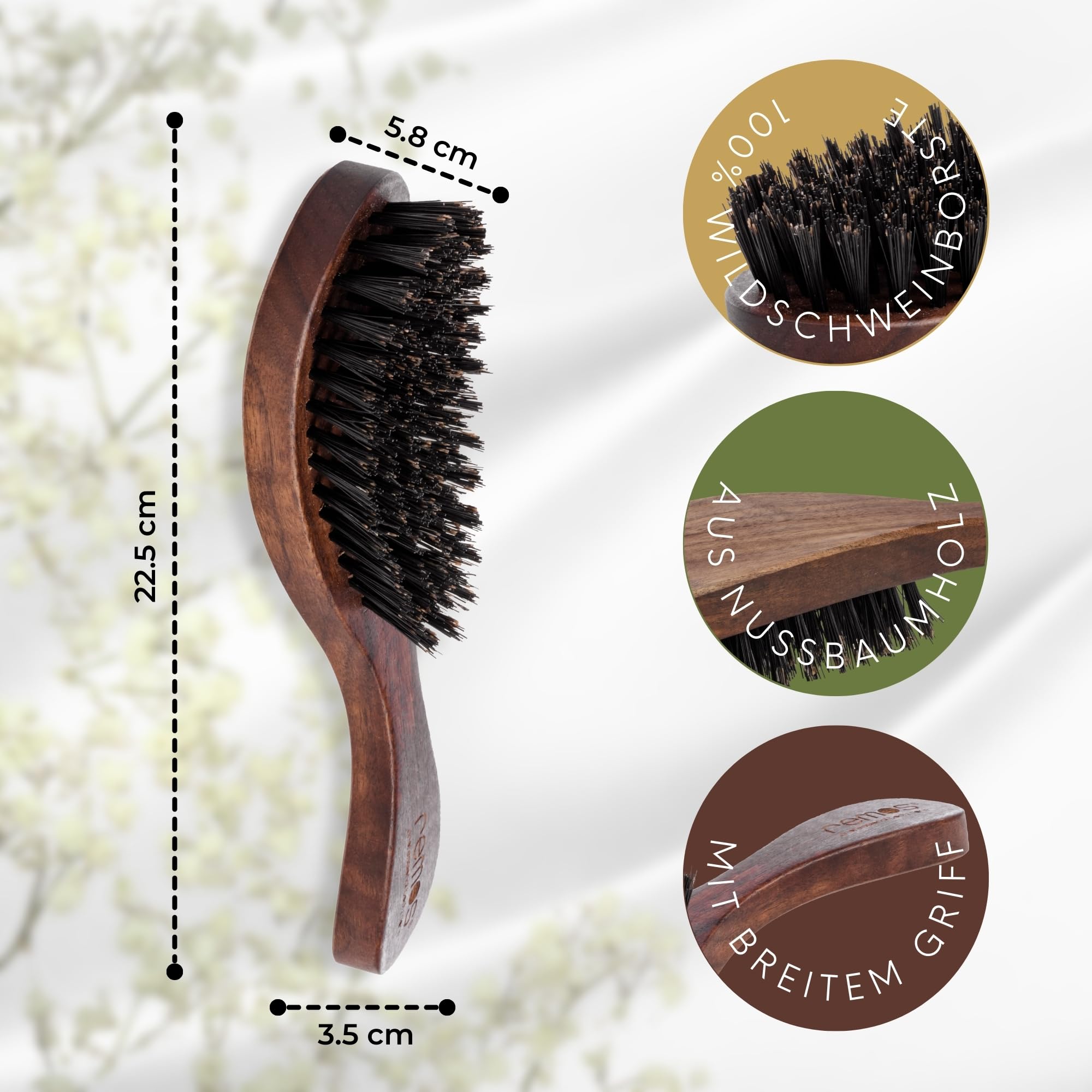 REMOS Cepillo de pelo con cerdas de jabalí 100% de madera de nogal con mango ancho