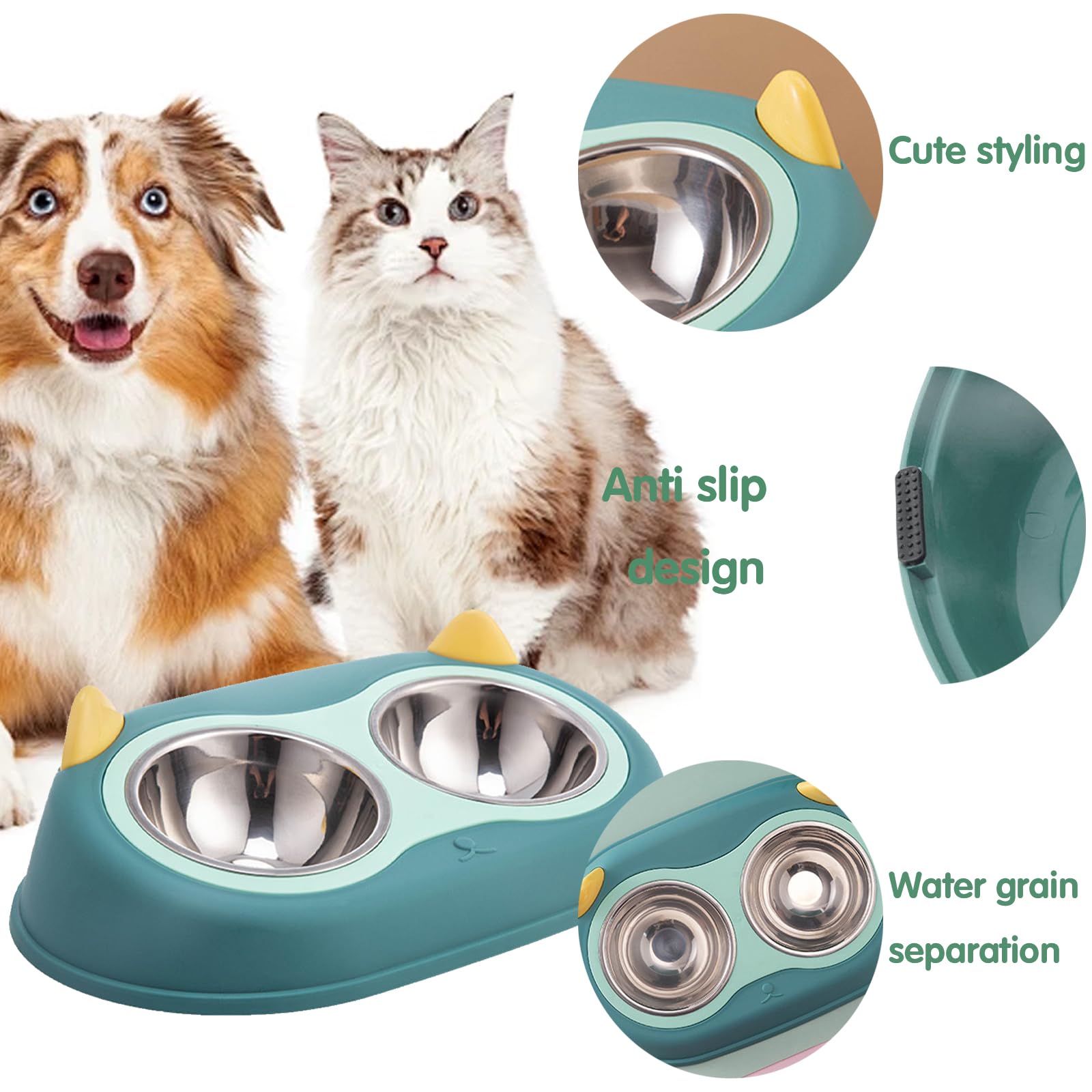 YOUYIKE Ciotola per Gatti in Acciaio Inossidabile, 2 in 1 Doppio Ciotola per Animali Antiscivolo Rimovibile, 15°Inclinate Ciotole per Cani Gatti, per a Cani di Piccola Taglia, Gatti (Verde)
