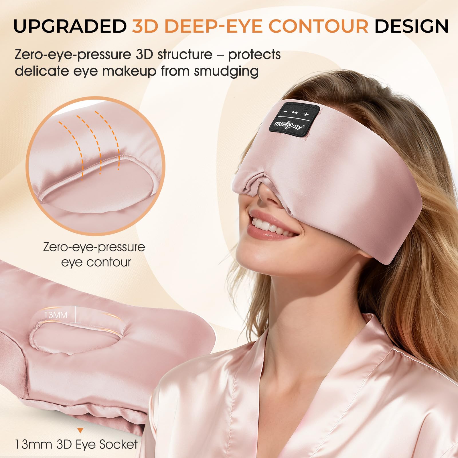 Musicozy Antifaz para dormir con auriculares Bluetooth, 100% opaco, para hombres y mujeres, color rosa