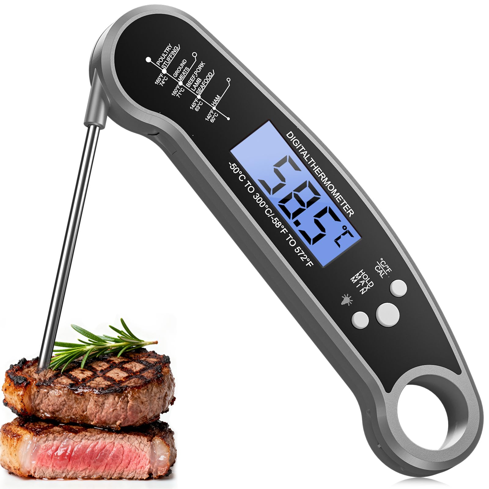 Digitales Fleischthermometer klappbar – Grillthermometer, Bratenthermometer, Küchenthermometer – Wasserdicht, LCD-Backlight, 2-3s Sofortablesung – Küche, Grillen, Backen, Milch & Thermometer Kochen Grau