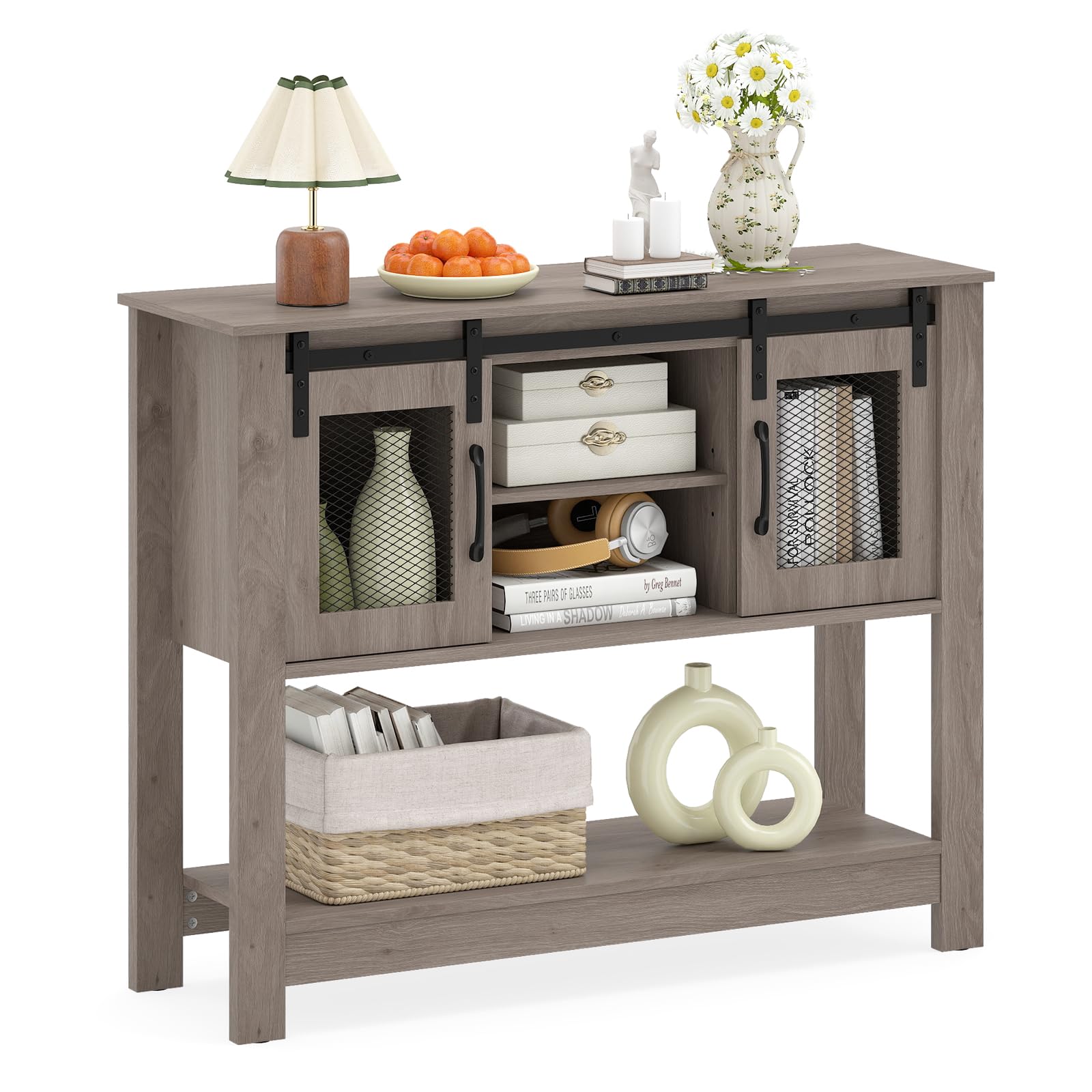 COSTWAY Vintage Console Table, Farmhouse Narrow Entryway Table Kitchen Sideboard with Sliding Barn Doors, Open/Adjustable Storage Shelf, Wooden Slim Behind Sofa Tables for Hallway (Grey)