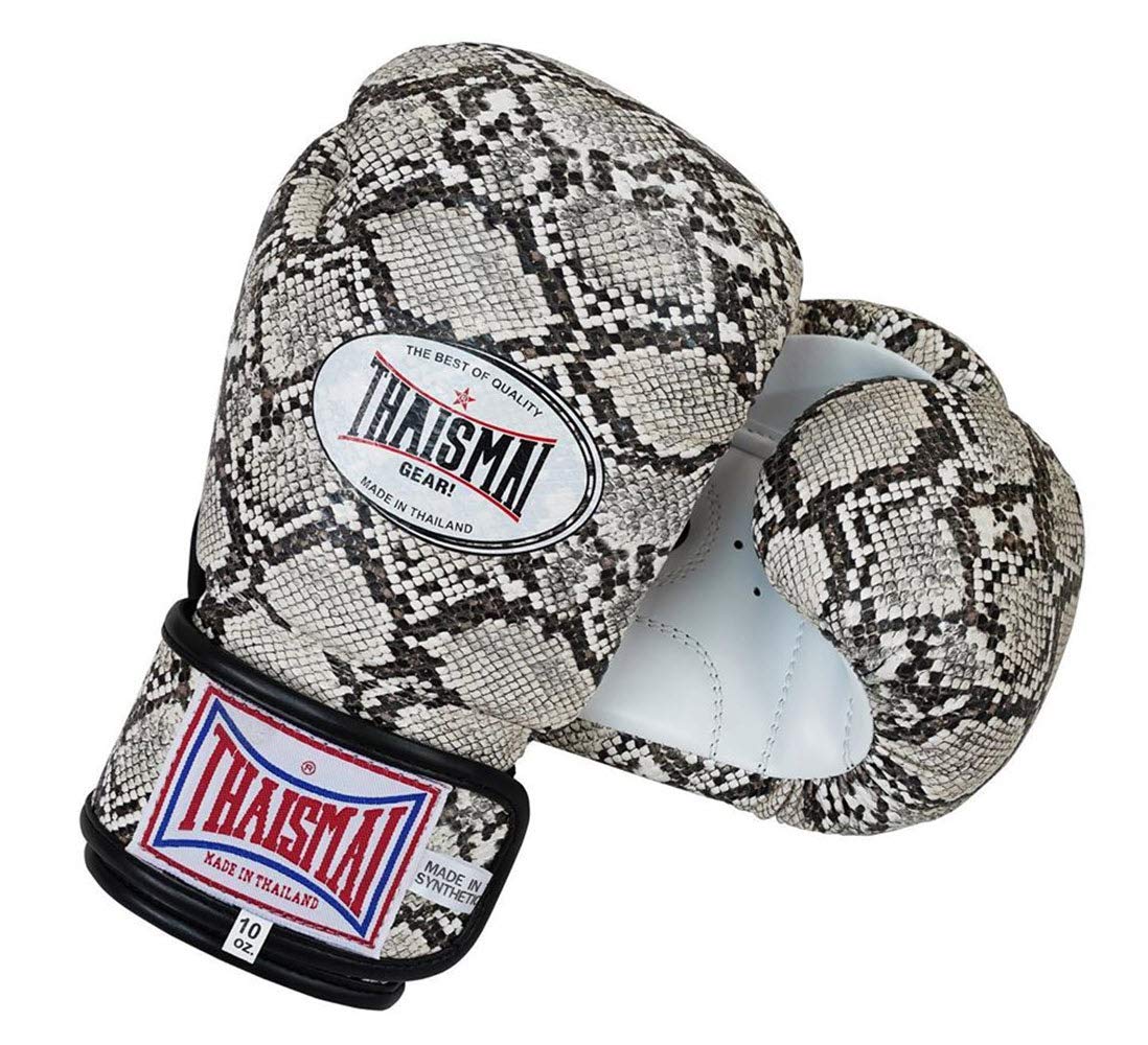 THAISMAI Muay Thai Style Vectro Straps Boxing Gloves Python Skin Pattern with Polyurethane Synthetic Leather Material Beige Color