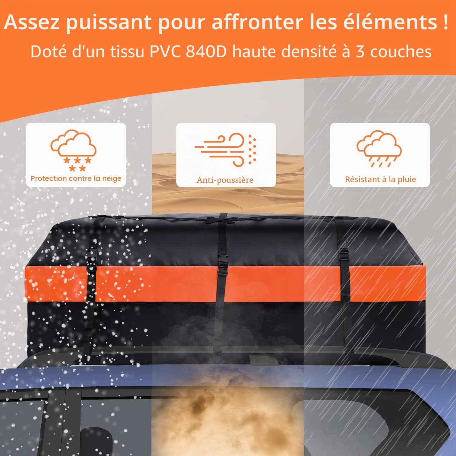Ohuhu Coffre de Toit 21 Pieds Cubes – Sac de Toit Étanche pour Voiture avec Tapis Anti-Dérapant, Porte-Bagages Souple 840D pour Tous Véhicules avec/sans Barres de Toit
