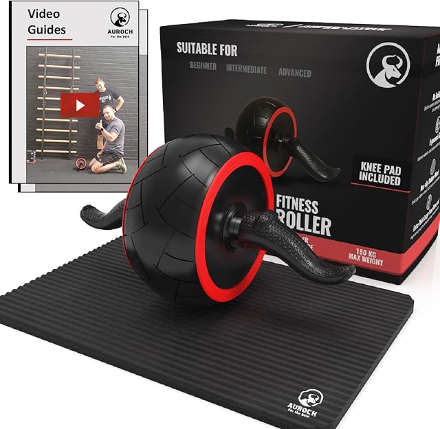 Auroch Fitness Pro Ab Wheel Roller + Extra Thick Knee Pad + Video Guides | Exercise Ab Roller Perfect for Abs Muscle Exercise, Non-slip Wheel and Ergonomic Grip