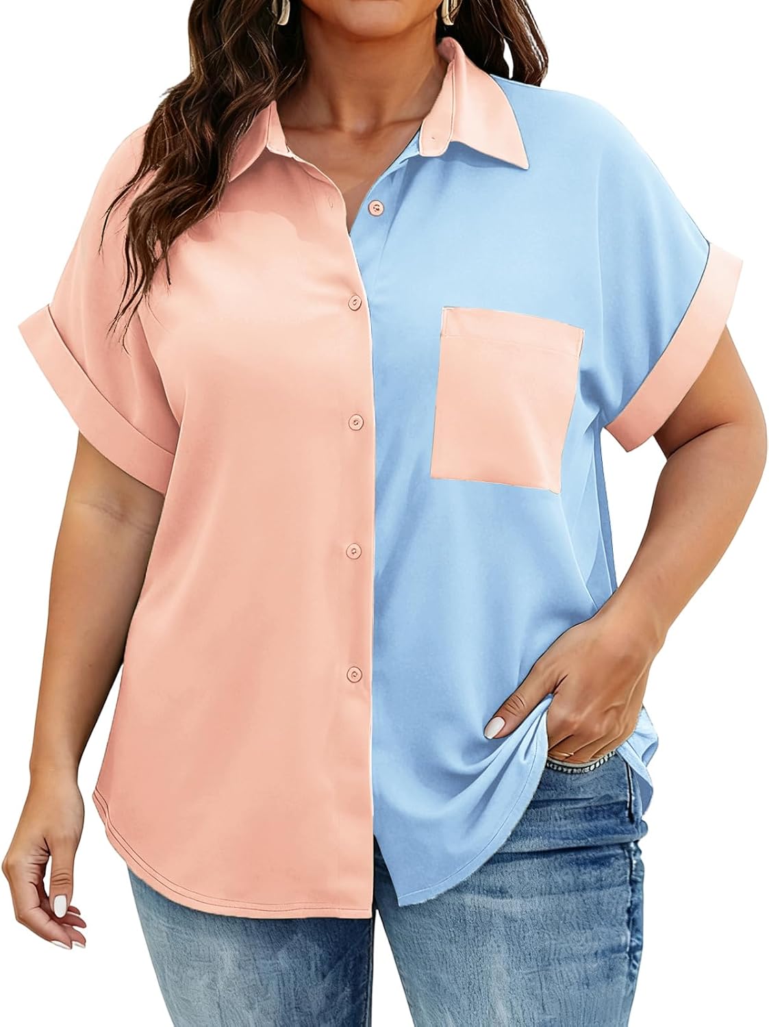 ROSRISS Plus-Size-Summer-Tops for Women Casual Short Sleeve Button Down Shirts Trendy Collared V Neck Color Block Blouses