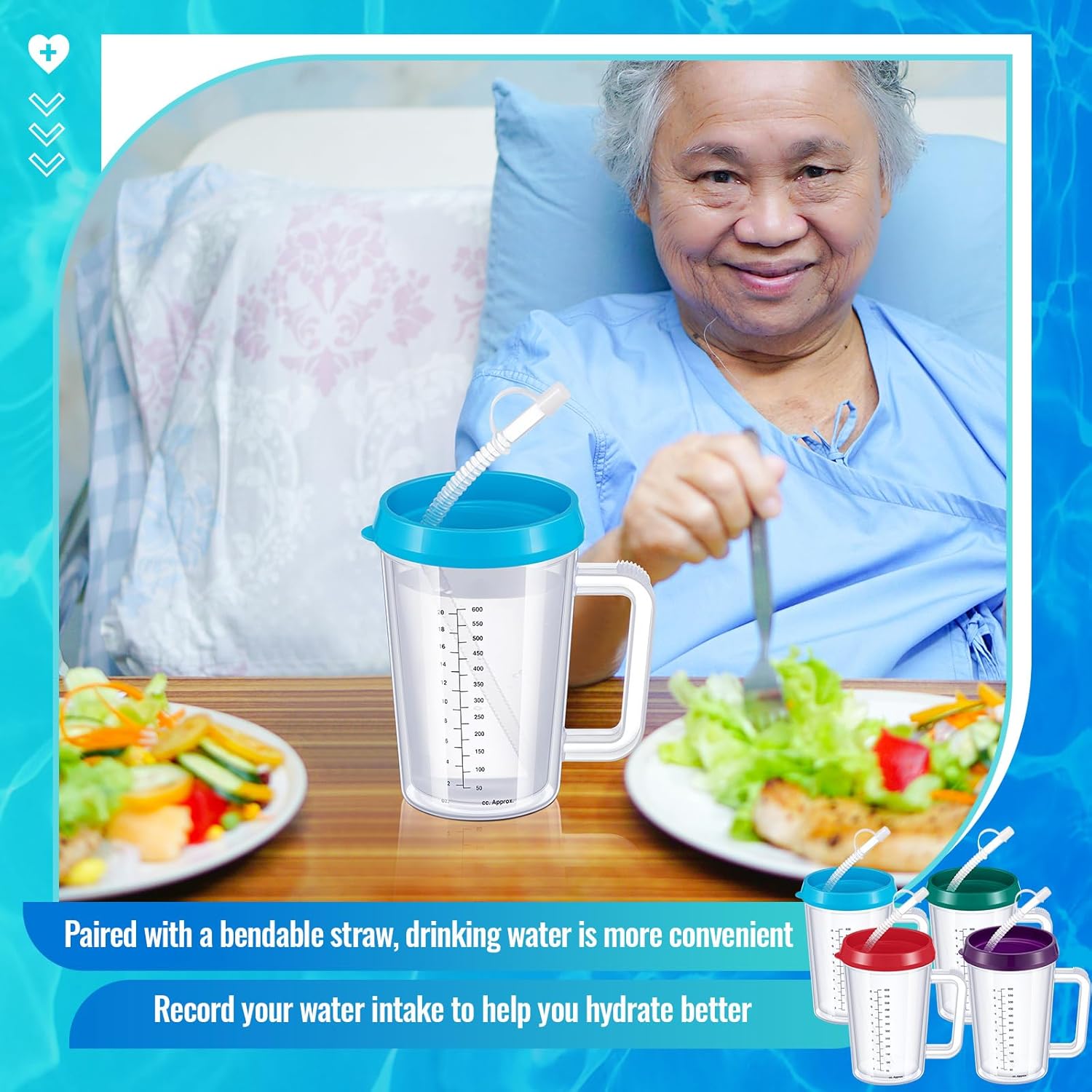 4 Pcs 20 oz Hospital Water Cup with Straw and Lid Insulated Double Walled Elderly Water Bottle Hospital Carafe Mug with Handle Graduated Plastic Drinking Sippy Cup for Adult(Mixed Color)