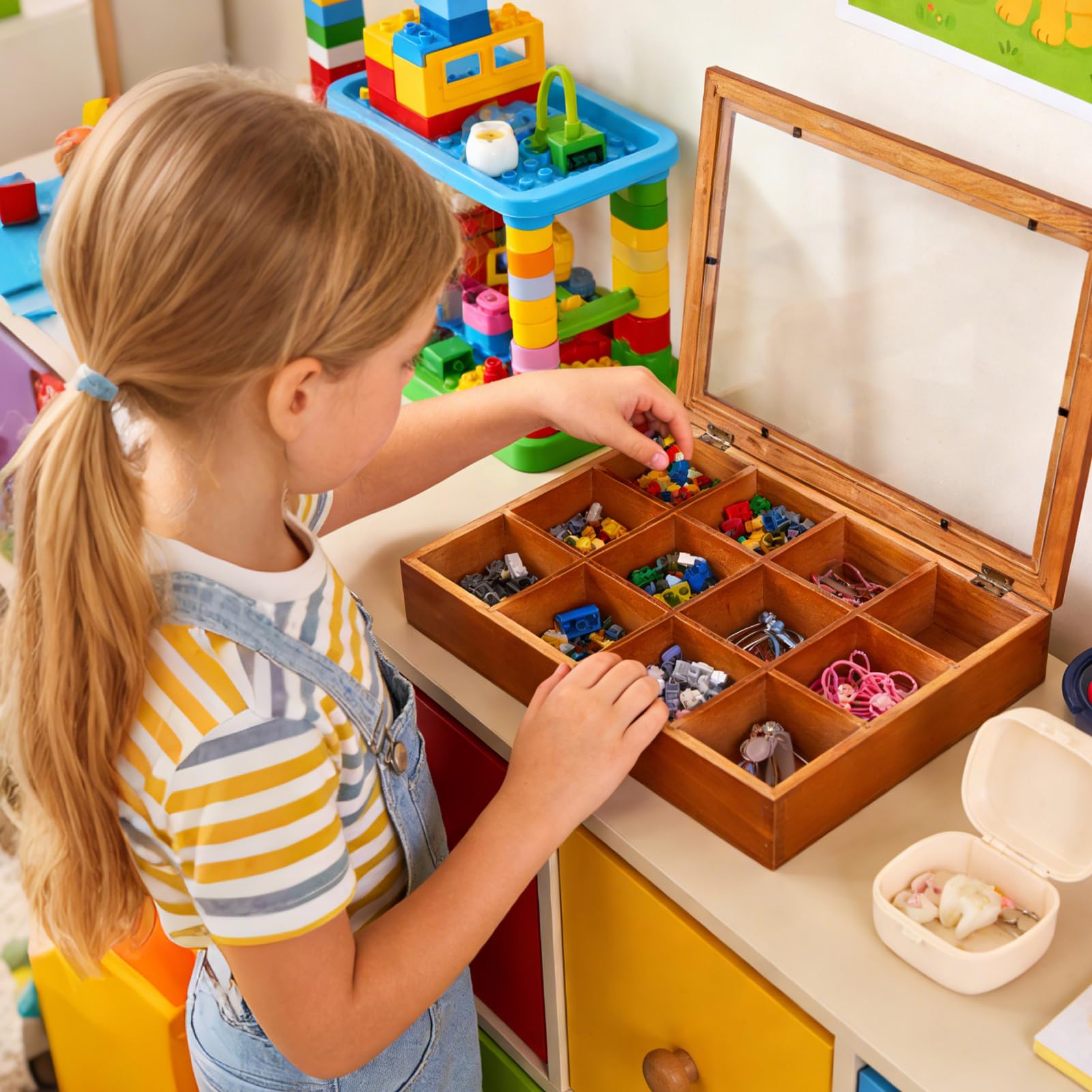 Porta Bolsitas de Té Bandejas de Madera con 12 Compartimentos | Organizador De Paquetes De Té Con Tapa Transparente Para Cocina Hogar Café Despensa Oficina Cafetería Paquetes De Snack