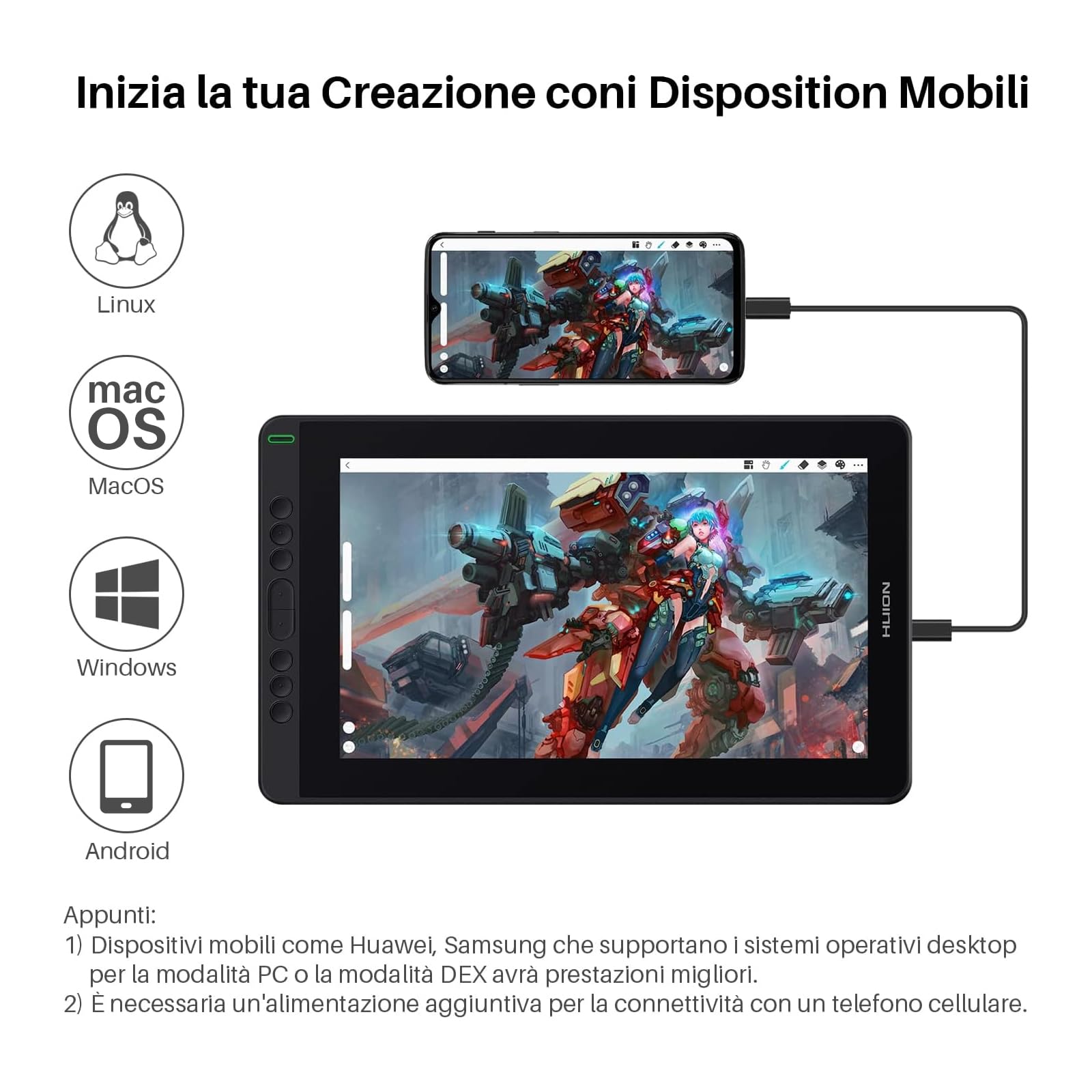 HUION Kamvas 13 Tavoletta Grafica con Schermo Compatibile con Android, Funzione di Inclinazione di ±60° Stilo Senza Batteria, 8 Tasti di Scelta Rapida, Supporto Regolabile - 13,3 Pollici (Nero)