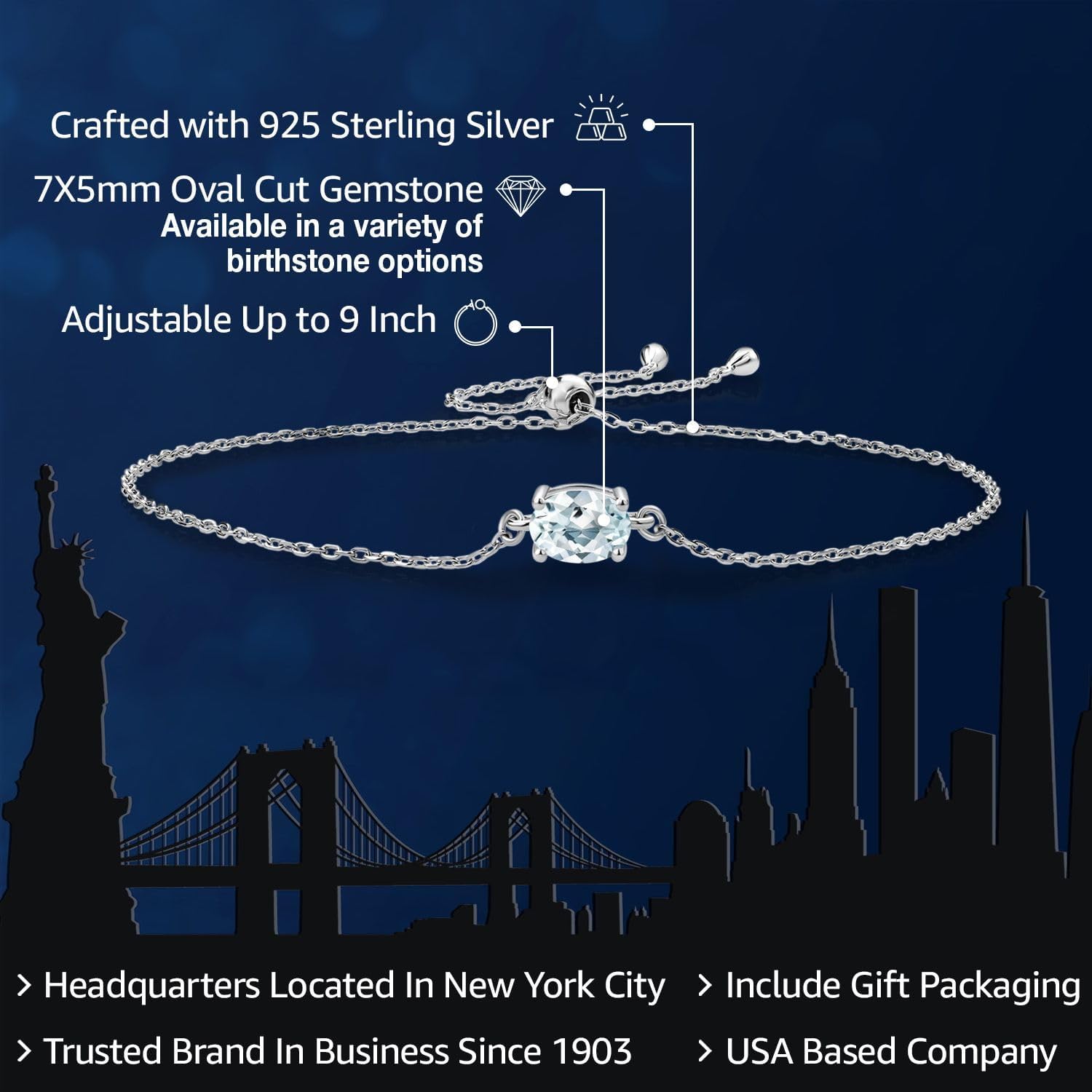 Gem Stone King 7X5MM Oval Gemstone Birthstone Solitaire Bracelet For Women | 925 Sterling Silver | Adjustable Bolo Bracelet For Women | Fine Jewelry Gifts for Her Mom Wife