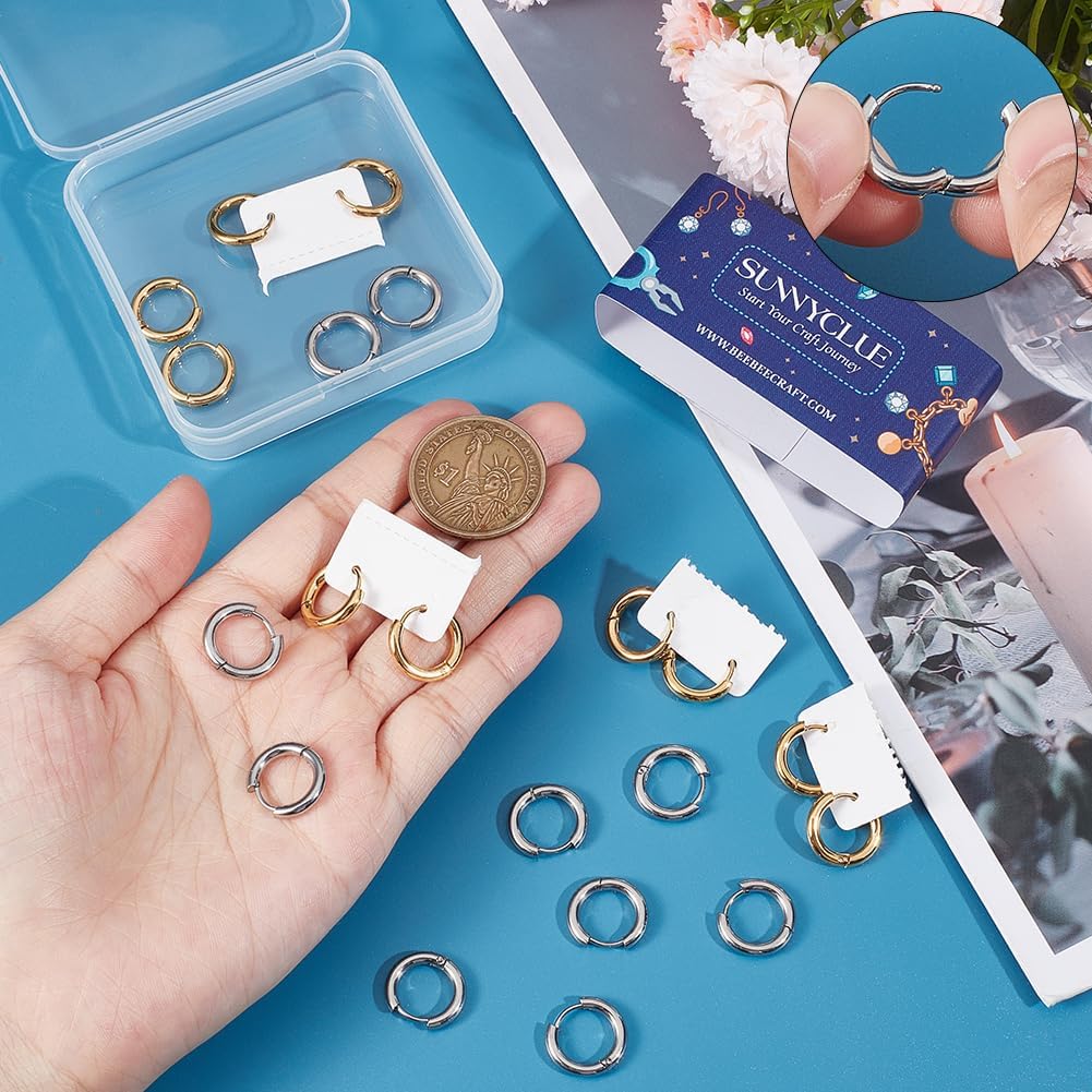 SUNNYCLUE 1 Box 12 Pairs 2 Colors Leverback Earring Hooks Huggie Hoops Real 18K Gold Plated Stainless Steel 14mm Round Lever Back Ear Wires Huggie Hoop Earring Findings for Jewelry Making Supplies
