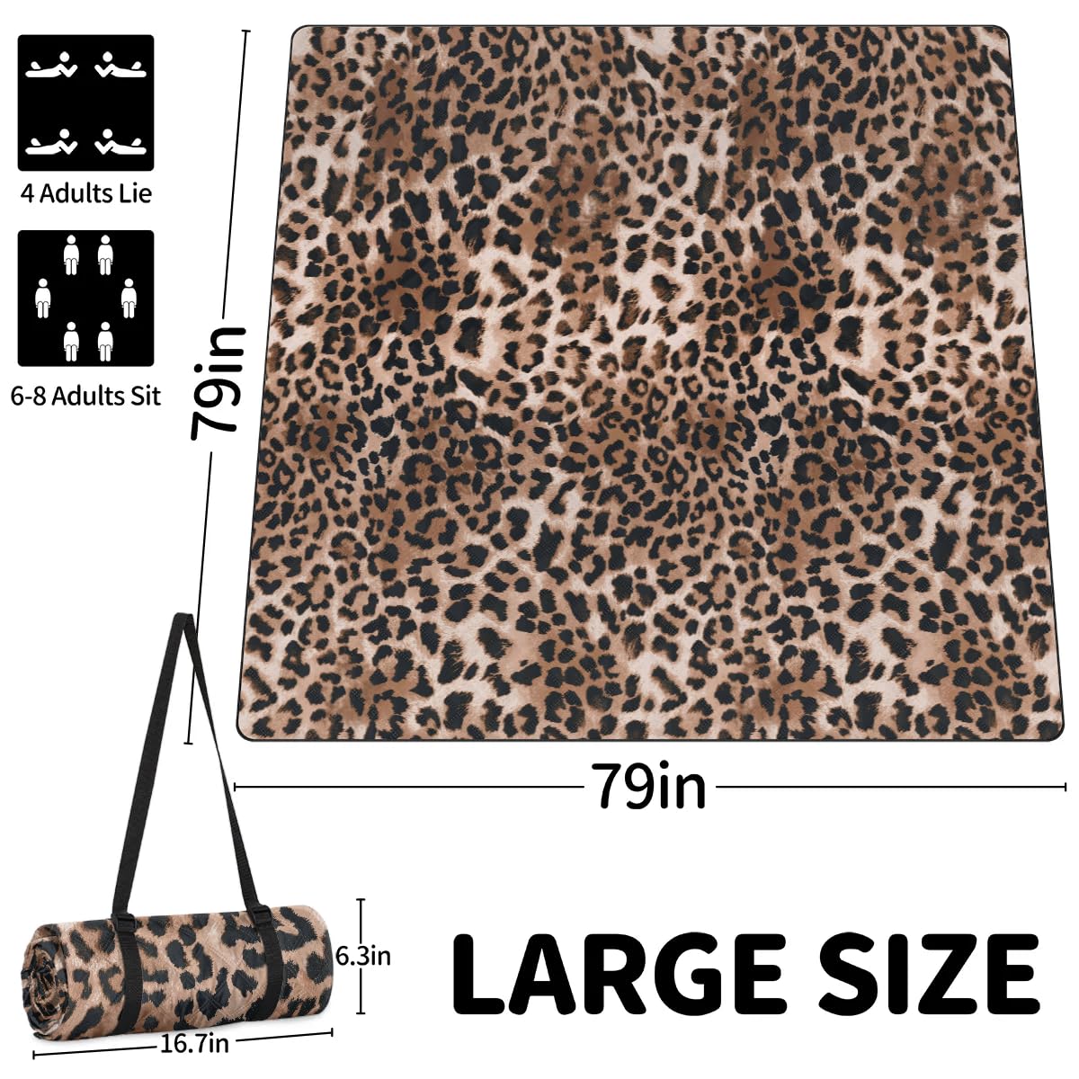 Picknickdecke mit Leopardenmuster, wasserdicht, sanddicht, faltbar, Stranddecke, 200,7 x 200,7 cm, extra groß, tragbar, waschbar, Outdoor-Matte für Camping, Park, Gras, Wandern, Reisen