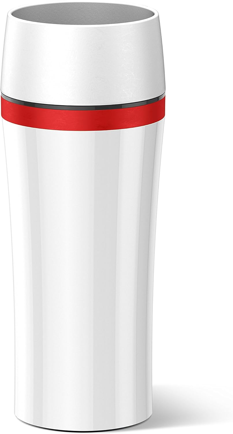 Emsa 514579 Travel Mug Fun insulated drinking cup with Quick Press closure, 360 ml, white/red
