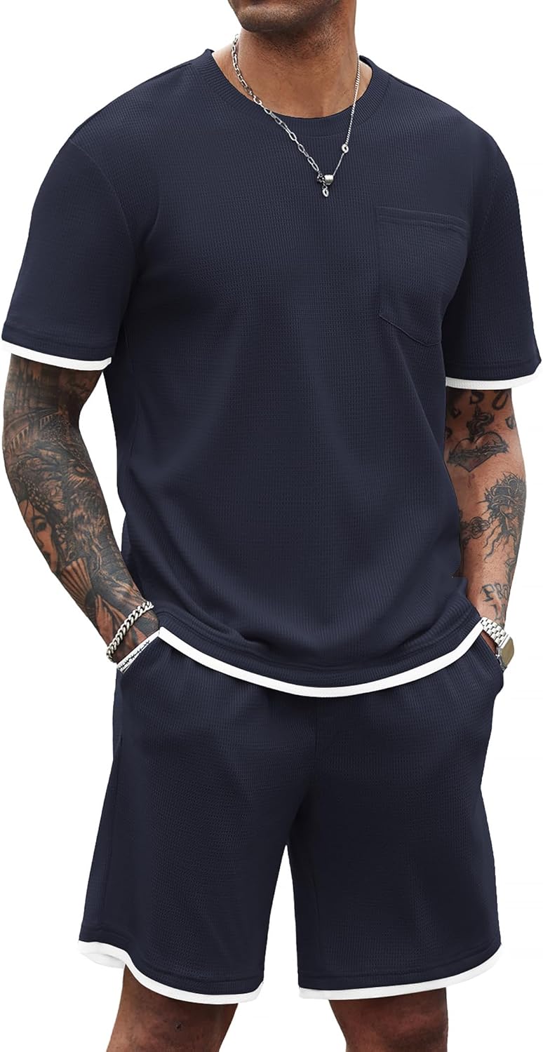 COOFANDY Men's Waffle Shirt and Shorts Set 2 Piece Outfits Casual Summer Tracksuits Set with Pockets