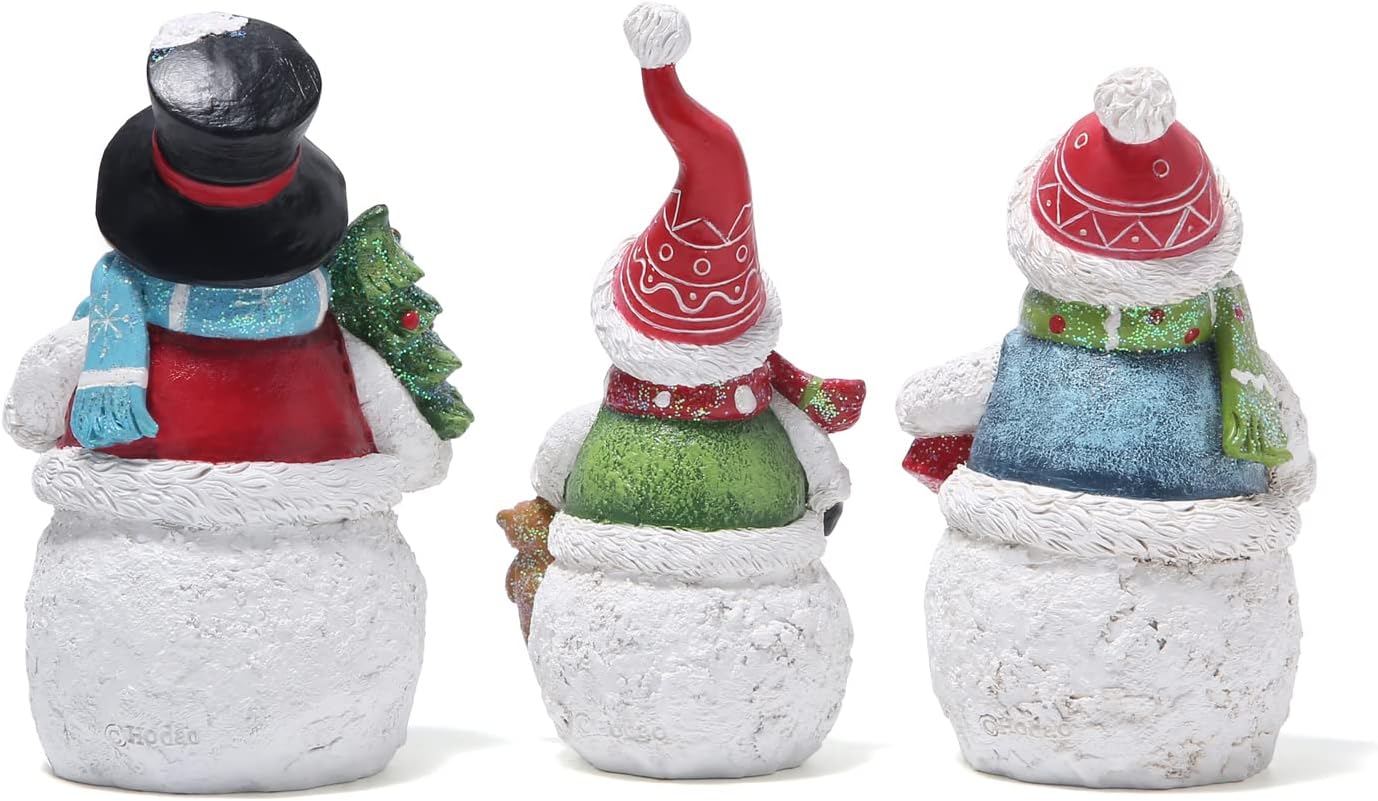 Hodao Snowman Figurines Set of 3, Hand-Painted Resin Christmas Ornaments, Indoor Home Decor for Mantel, Shelf & Tiered Tray, Glitter Accents, Gift-Ready Holiday Decorations